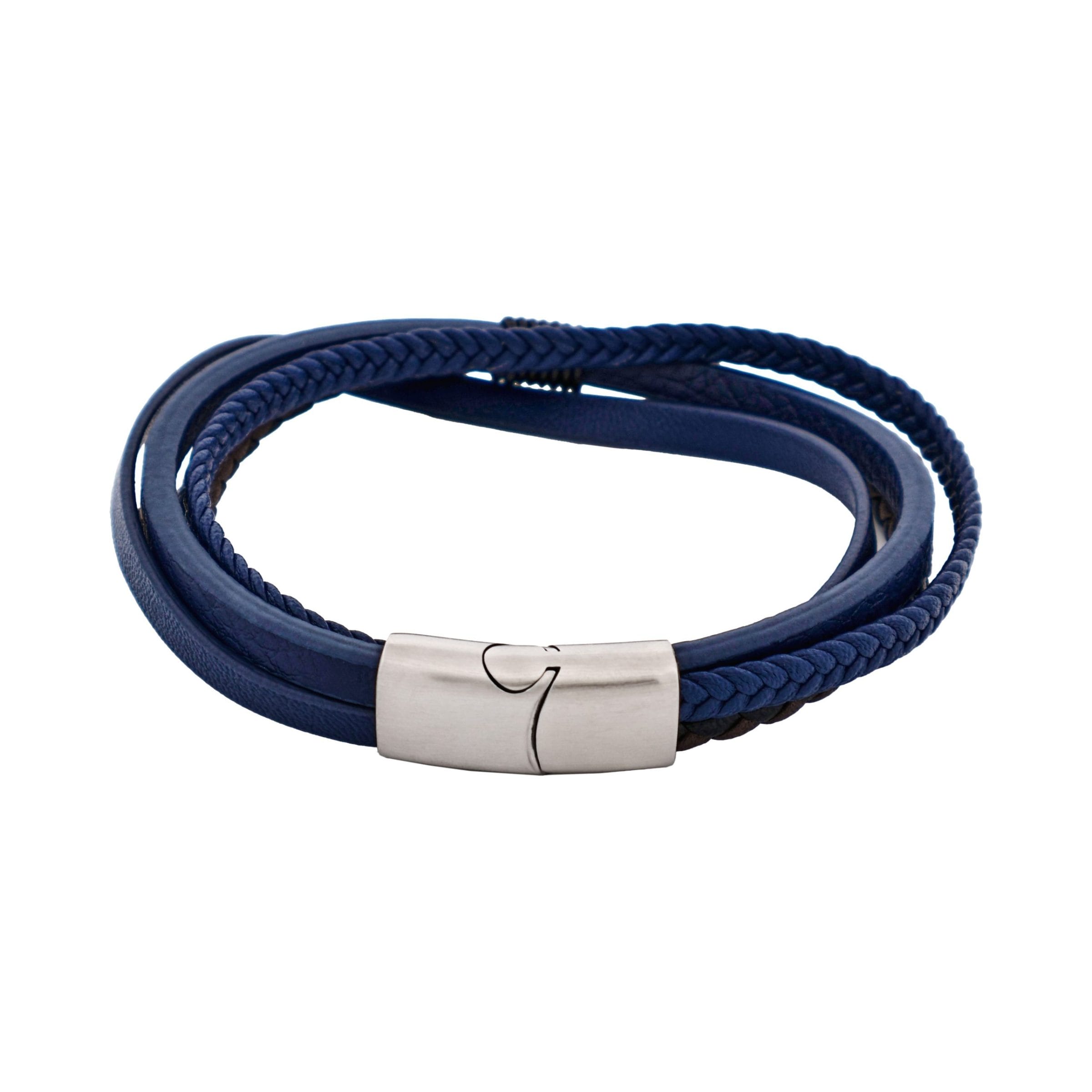 Dark Brown & Blue Multi Strand Leather & Stainless Steel Bracelet