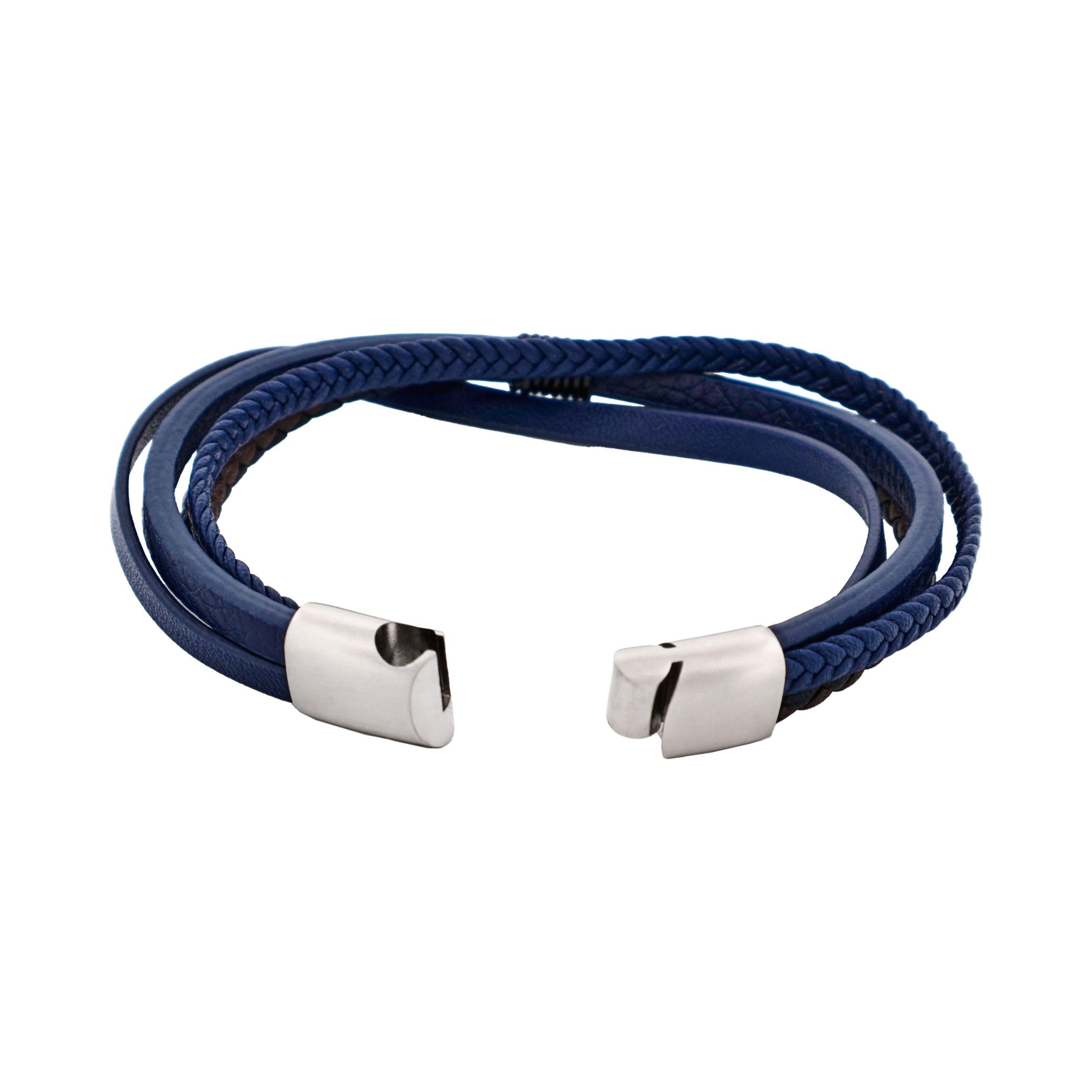 Dark Brown & Blue Multi Strand Leather & Stainless Steel Bracelet