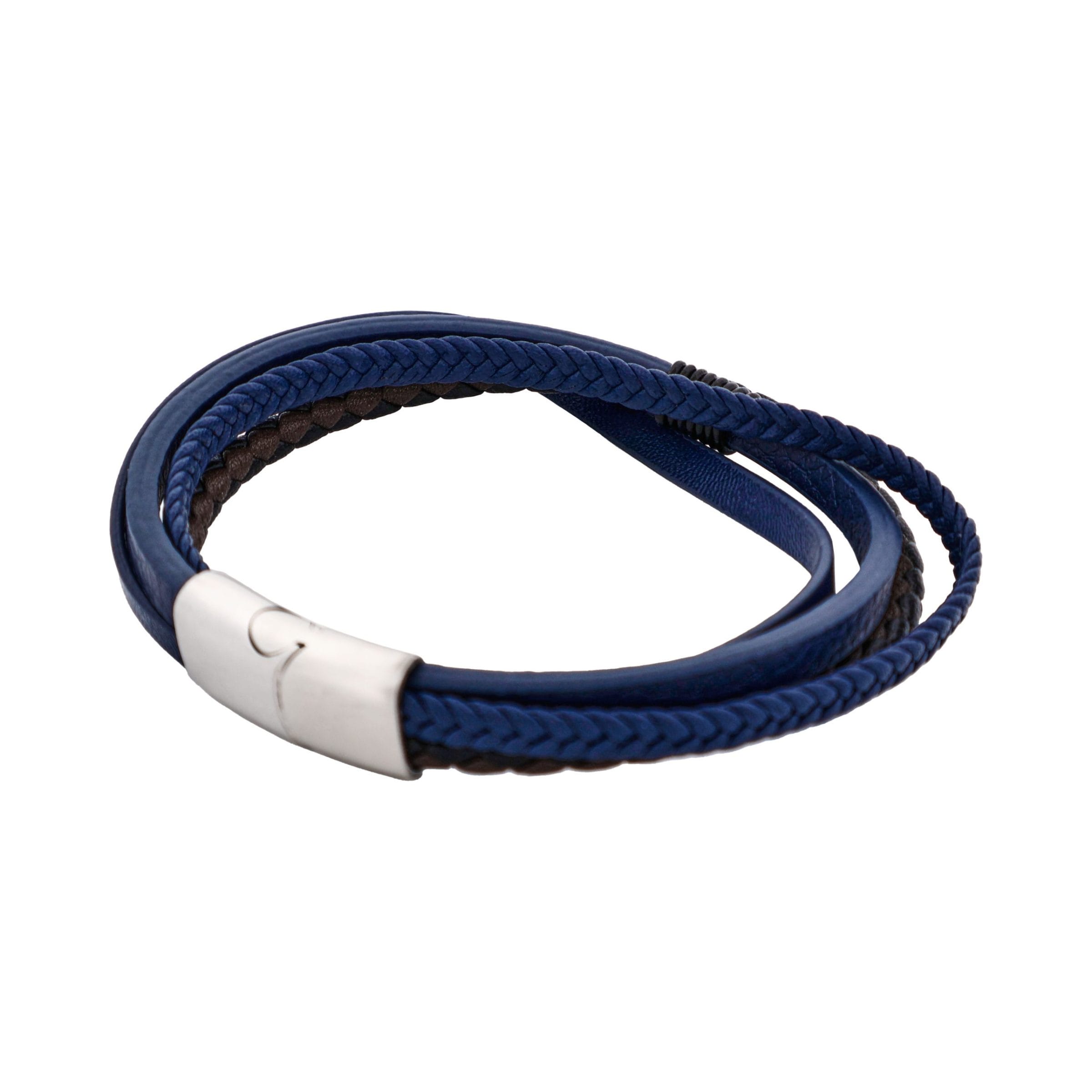 Dark Brown & Blue Multi Strand Leather & Stainless Steel Bracelet