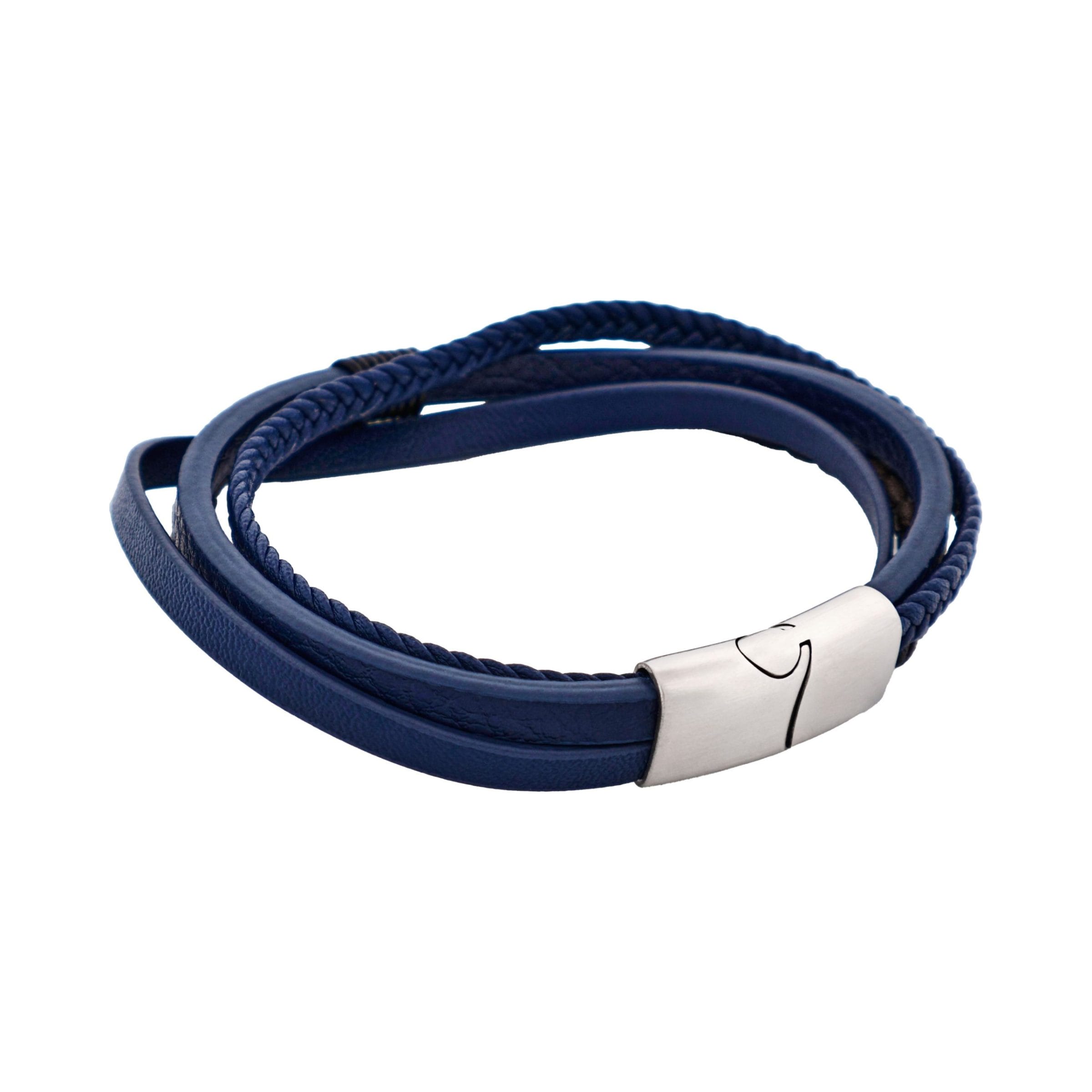 Dark Brown & Blue Multi Strand Leather & Stainless Steel Bracelet
