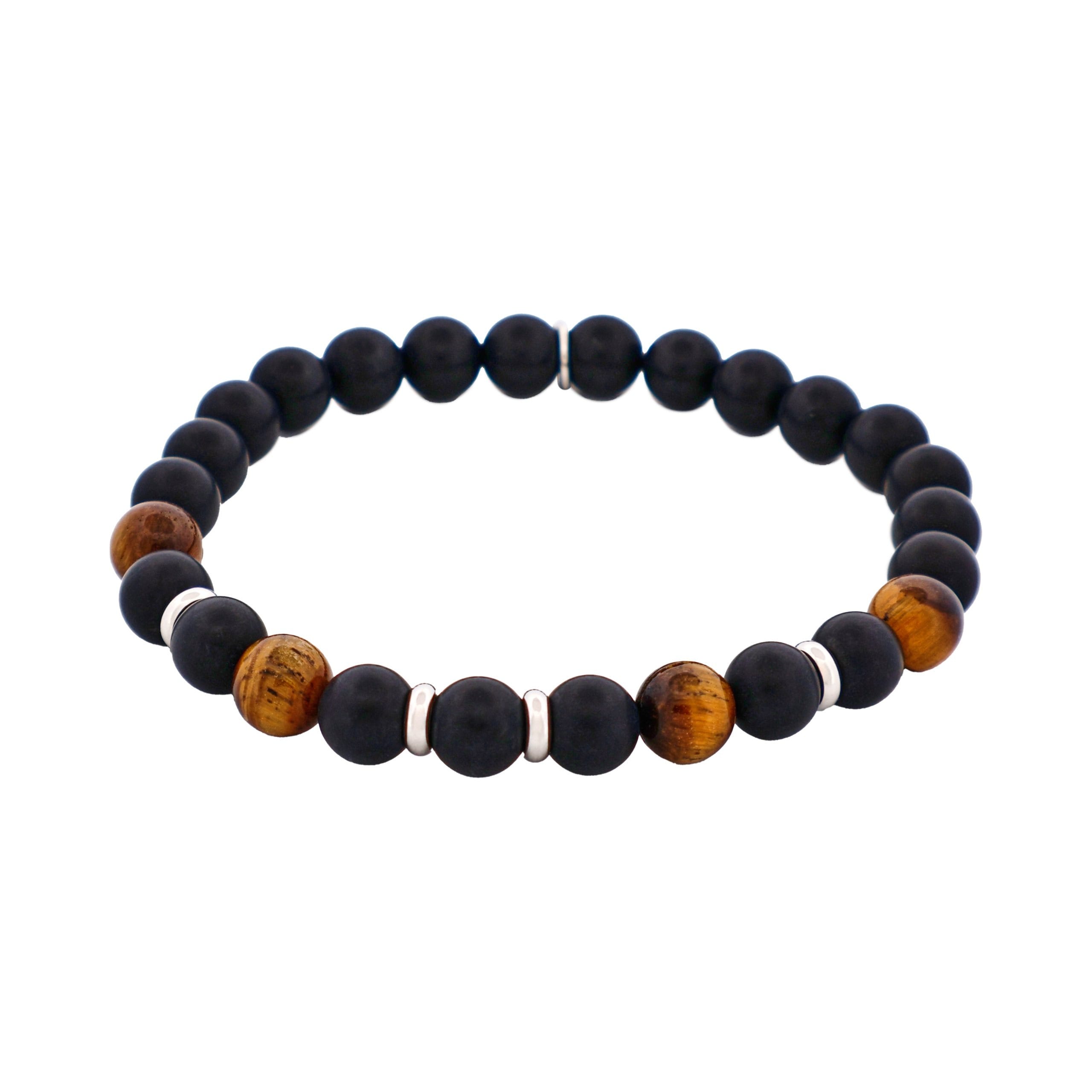 6mm Tiger Eye & Black Agate Bead Bracelet with Stainless Steel Discs