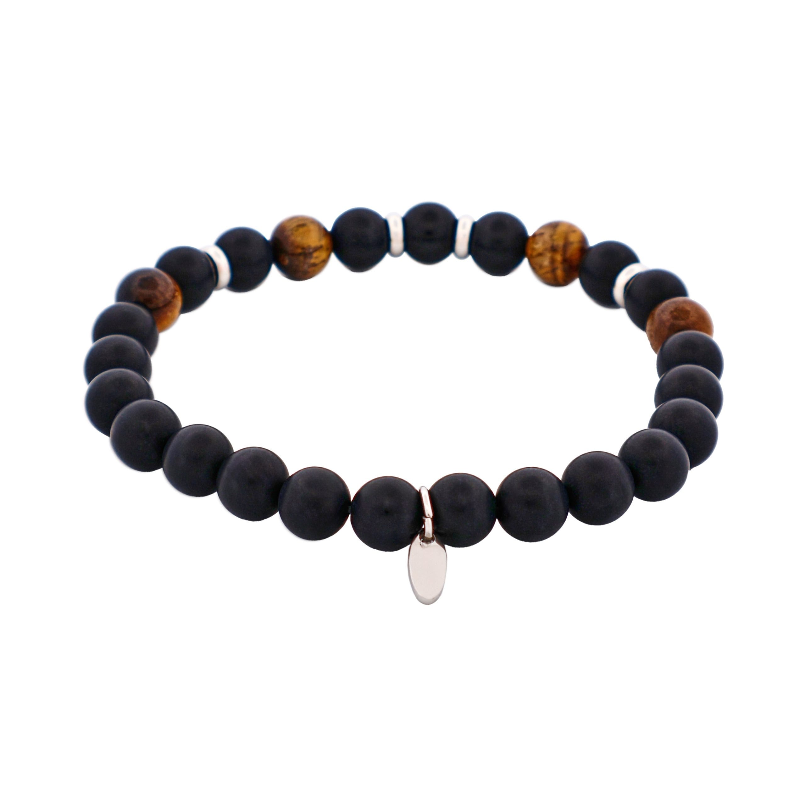 6mm Tiger Eye & Black Agate Bead Bracelet with Stainless Steel Discs