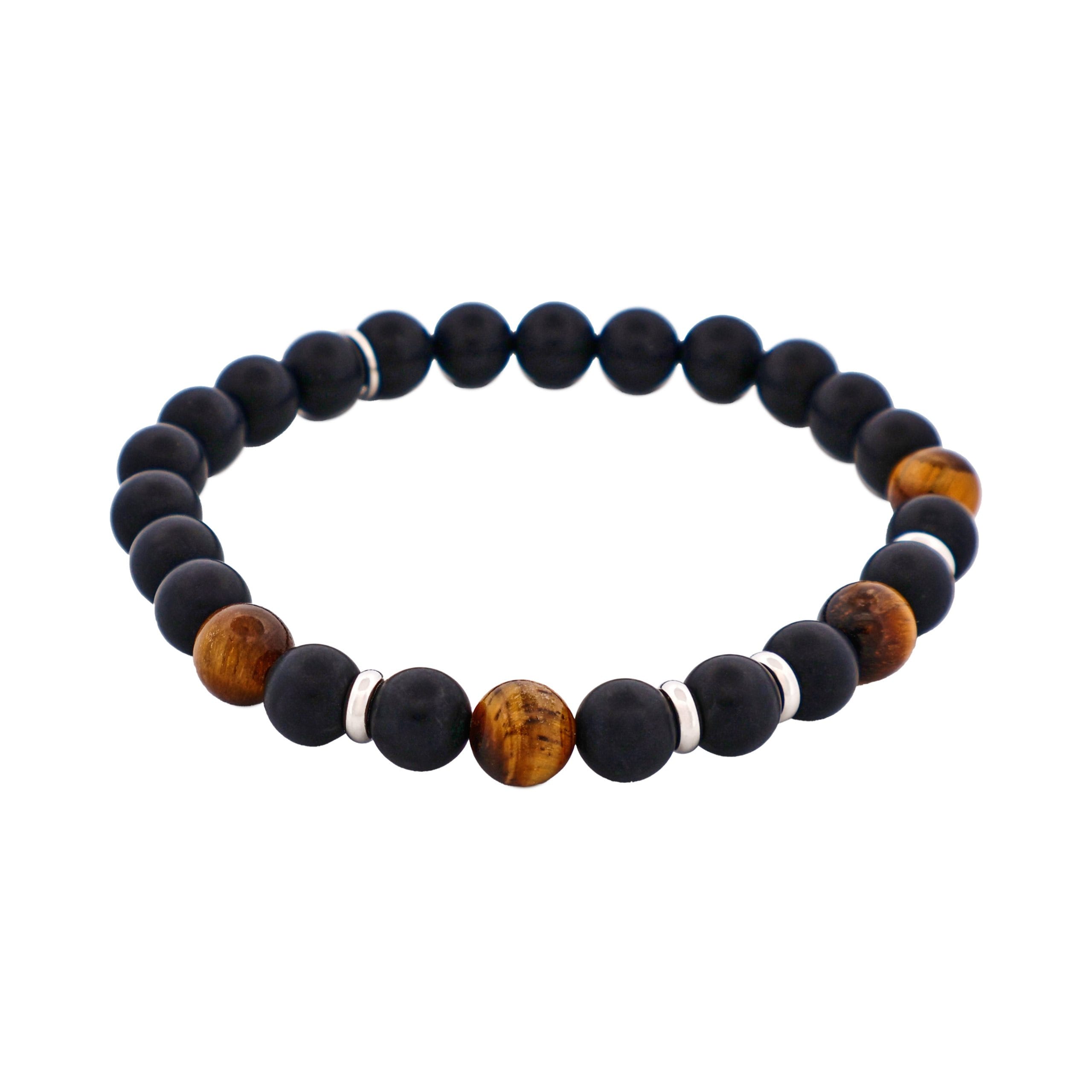 6mm Tiger Eye & Black Agate Bead Bracelet with Stainless Steel Discs