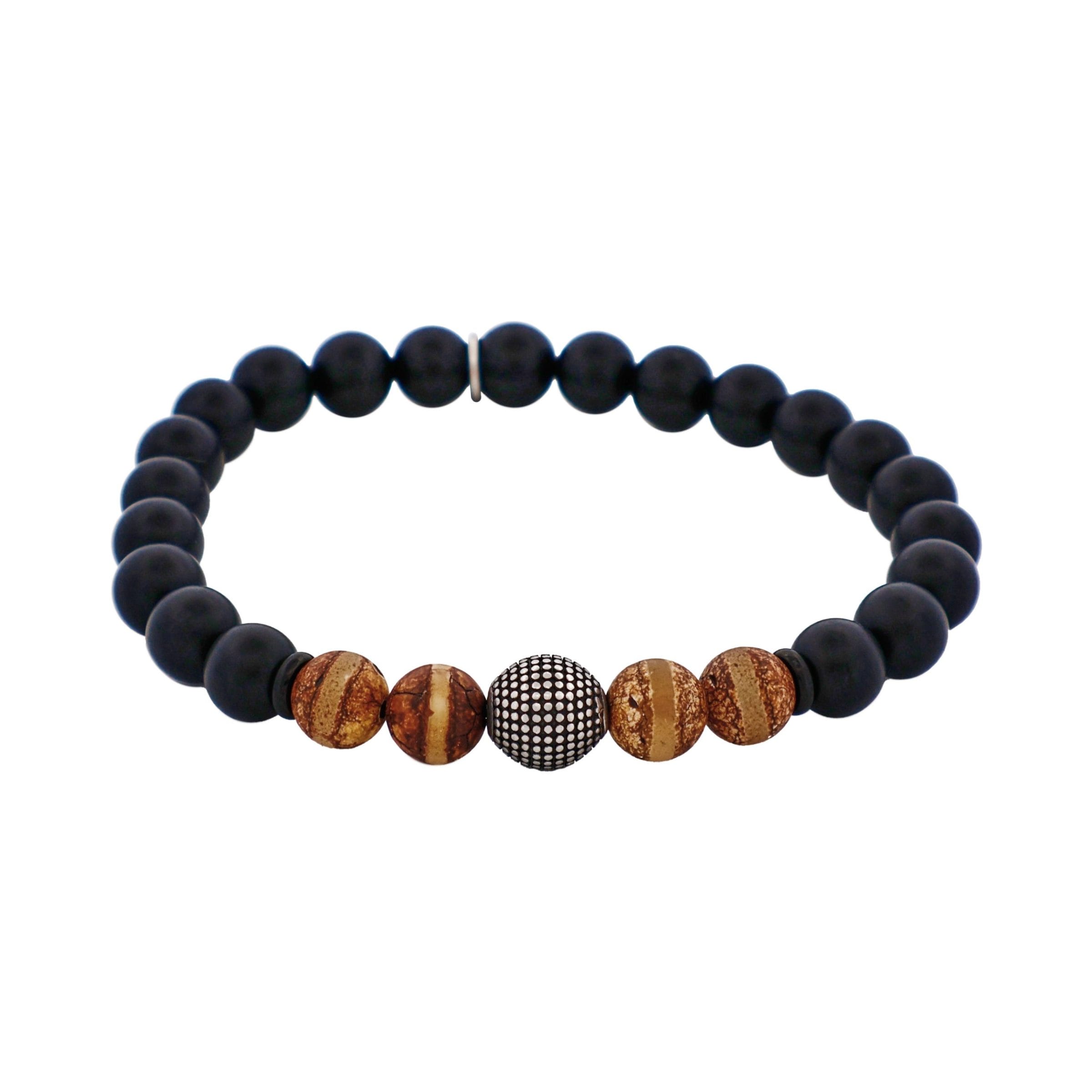 Black Agate & Earth Stone Antique Steel Bead Bracelet