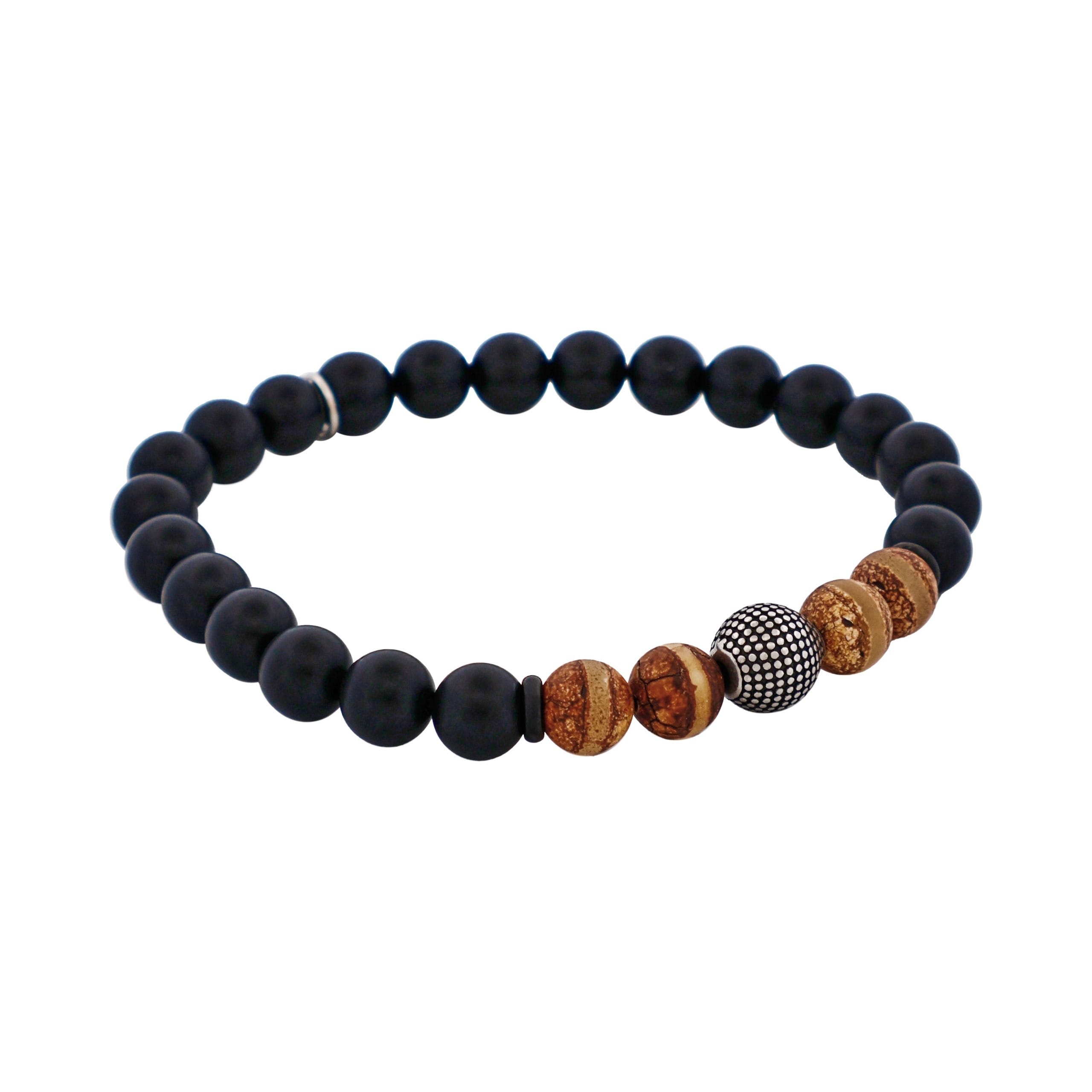 Black Agate & Earth Stone Antique Steel Bead Bracelet