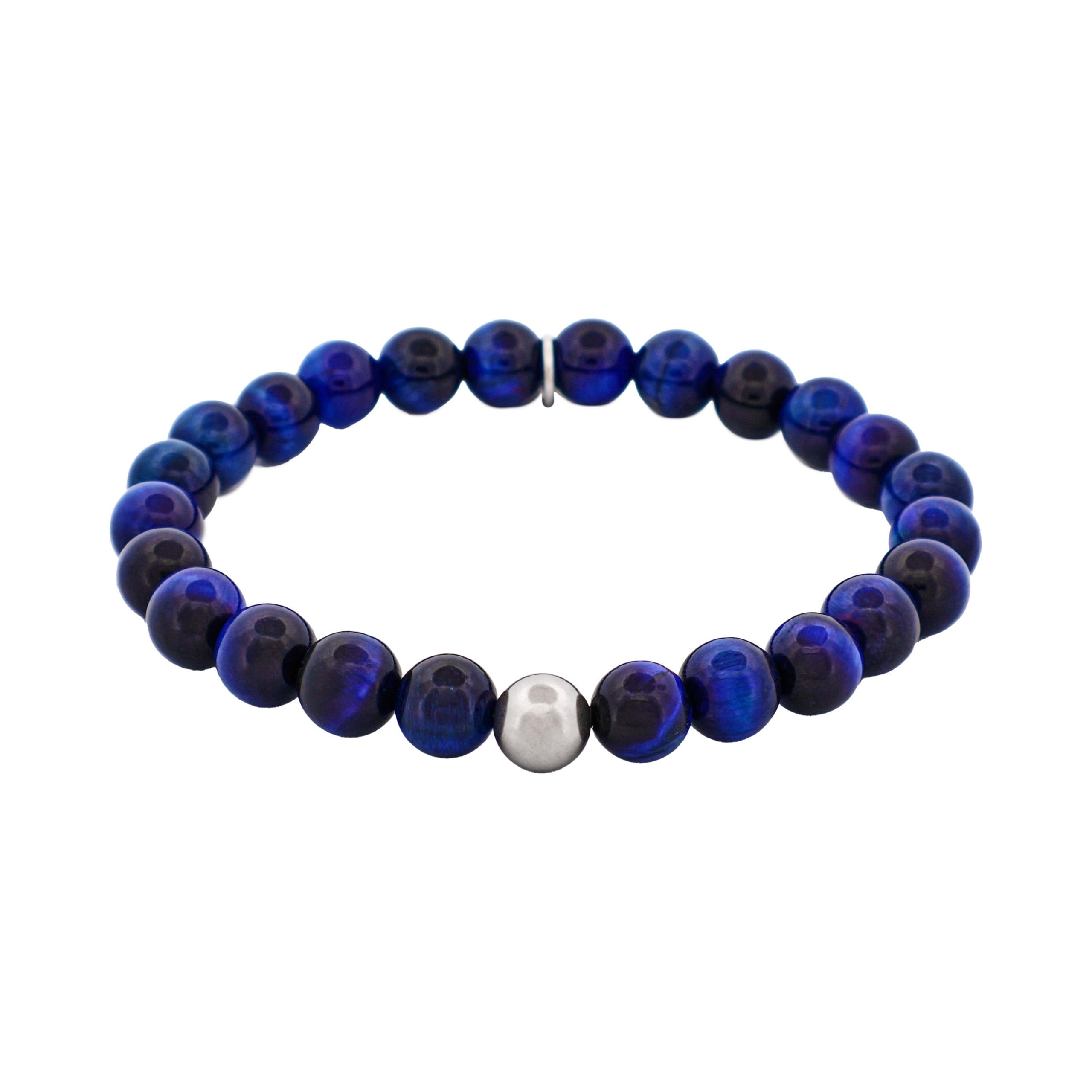 8mm Blue Tiger Eye Stainless Steel Bead Bracelet