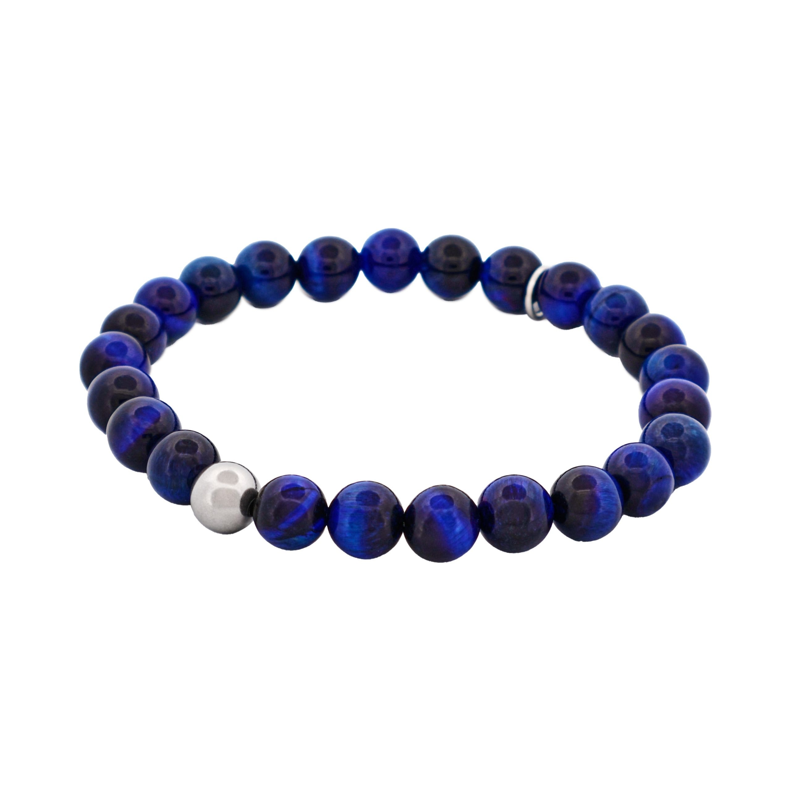 8mm Blue Tiger Eye Stainless Steel Bead Bracelet