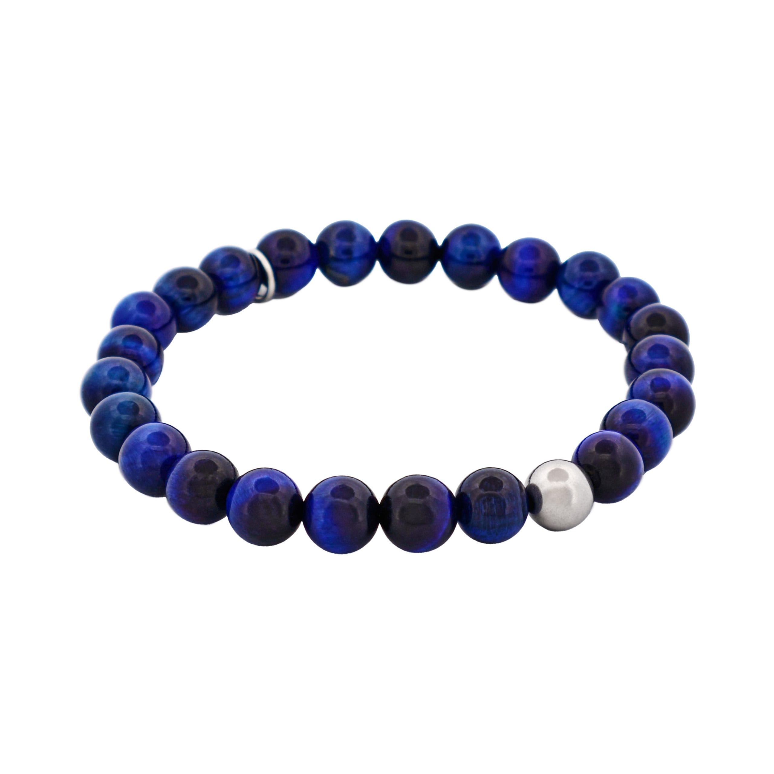 8mm Blue Tiger Eye Stainless Steel Bead Bracelet