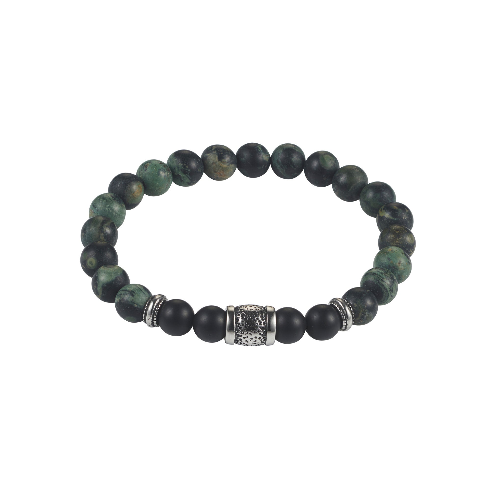 8mm Green Malachite + Black Agate Stainless Steel Bead Bracelet