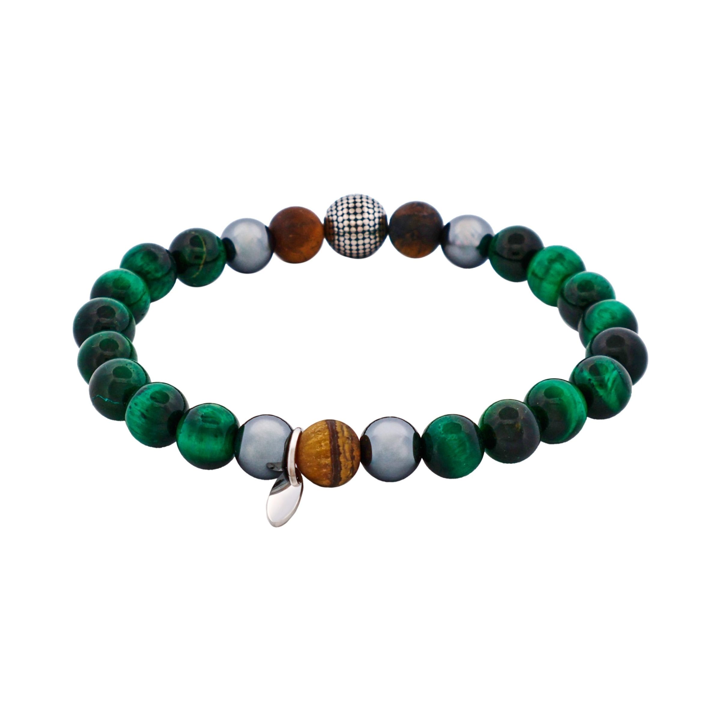 8mm Green Tiger Eye & Hematite & Tiger Eye Bead Ion Plated & Stainless Steel Bracelet
