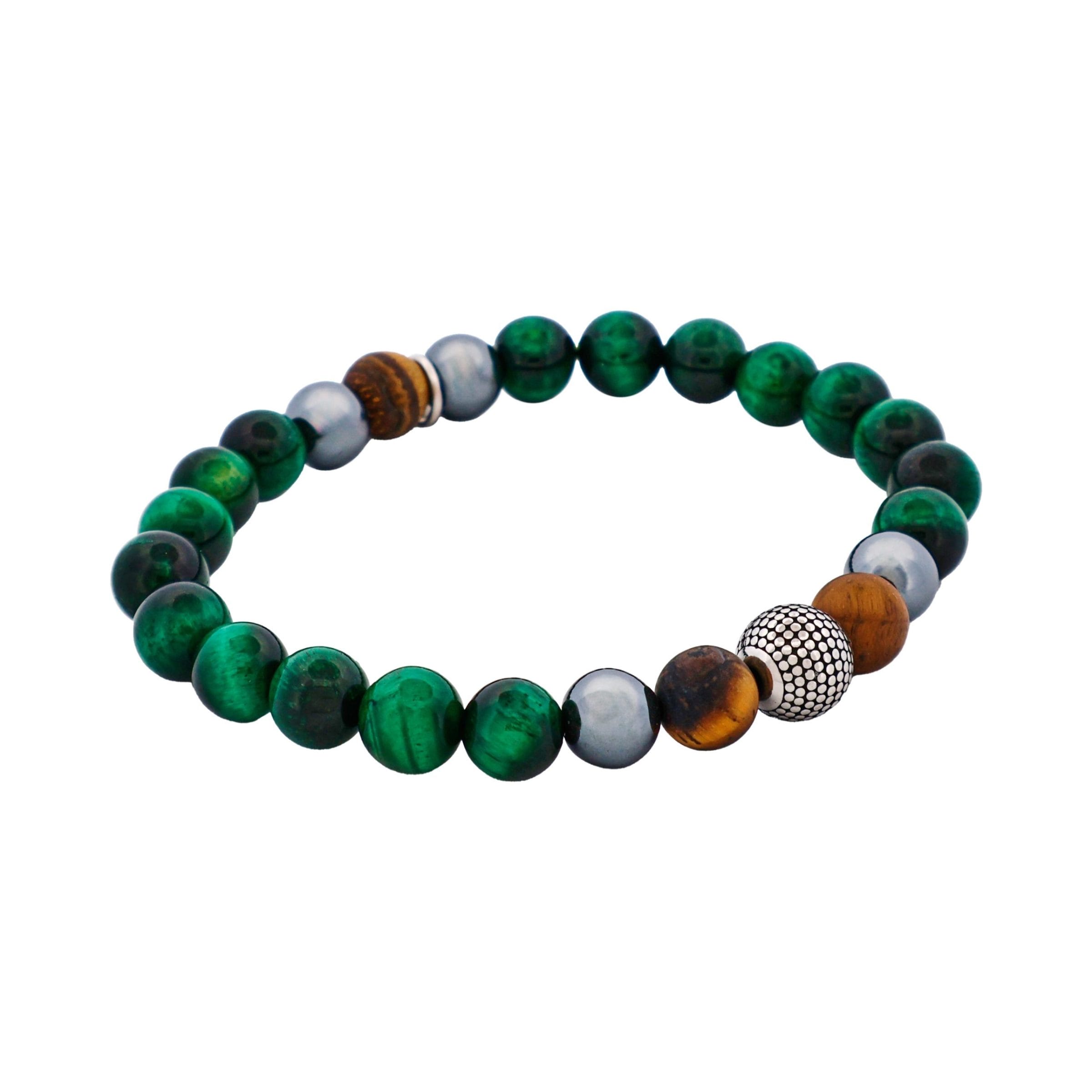 8mm Green Tiger Eye & Hematite & Tiger Eye Bead Ion Plated & Stainless Steel Bracelet