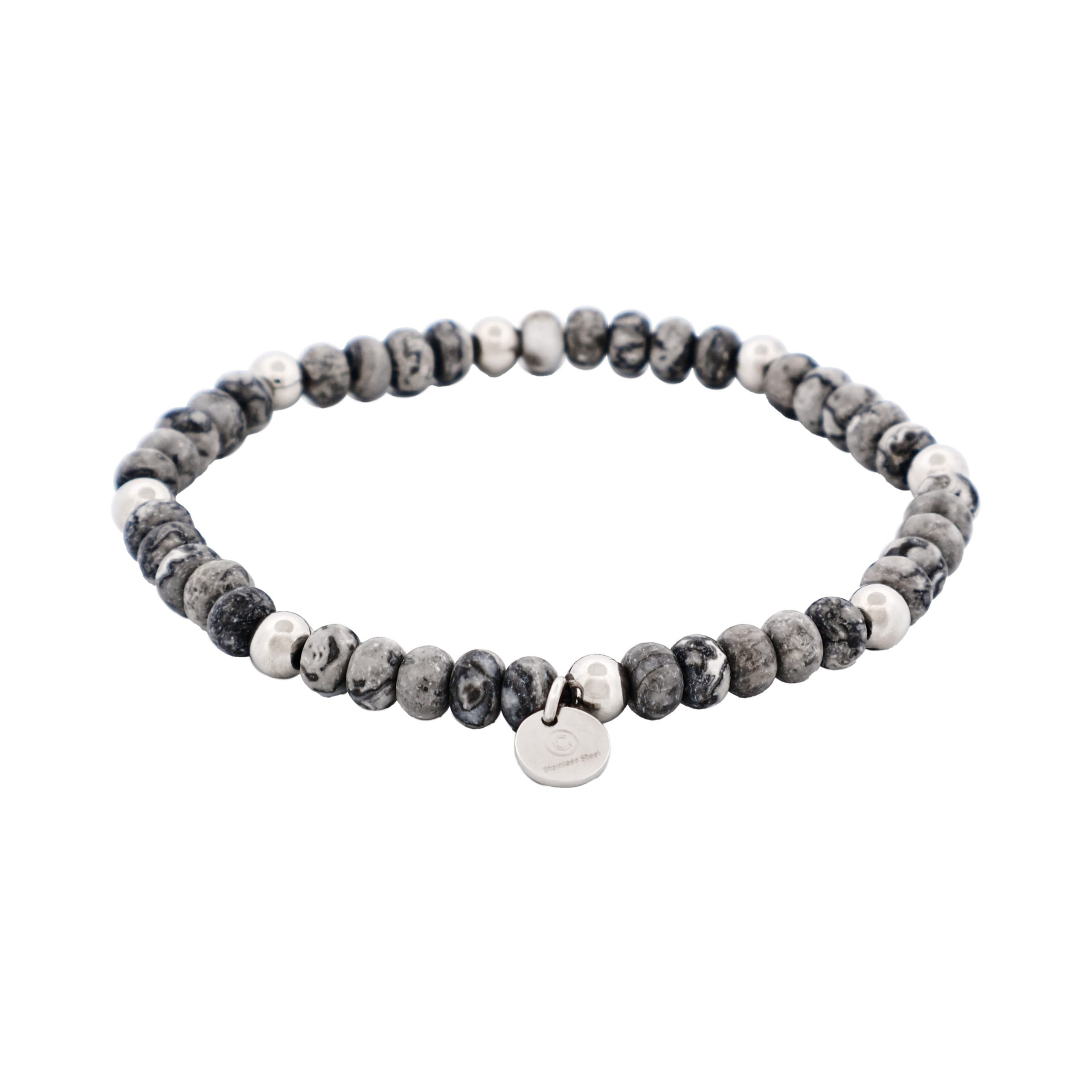 6mm Grey Jasper Stone Beads & Stainless Steel Bracelet