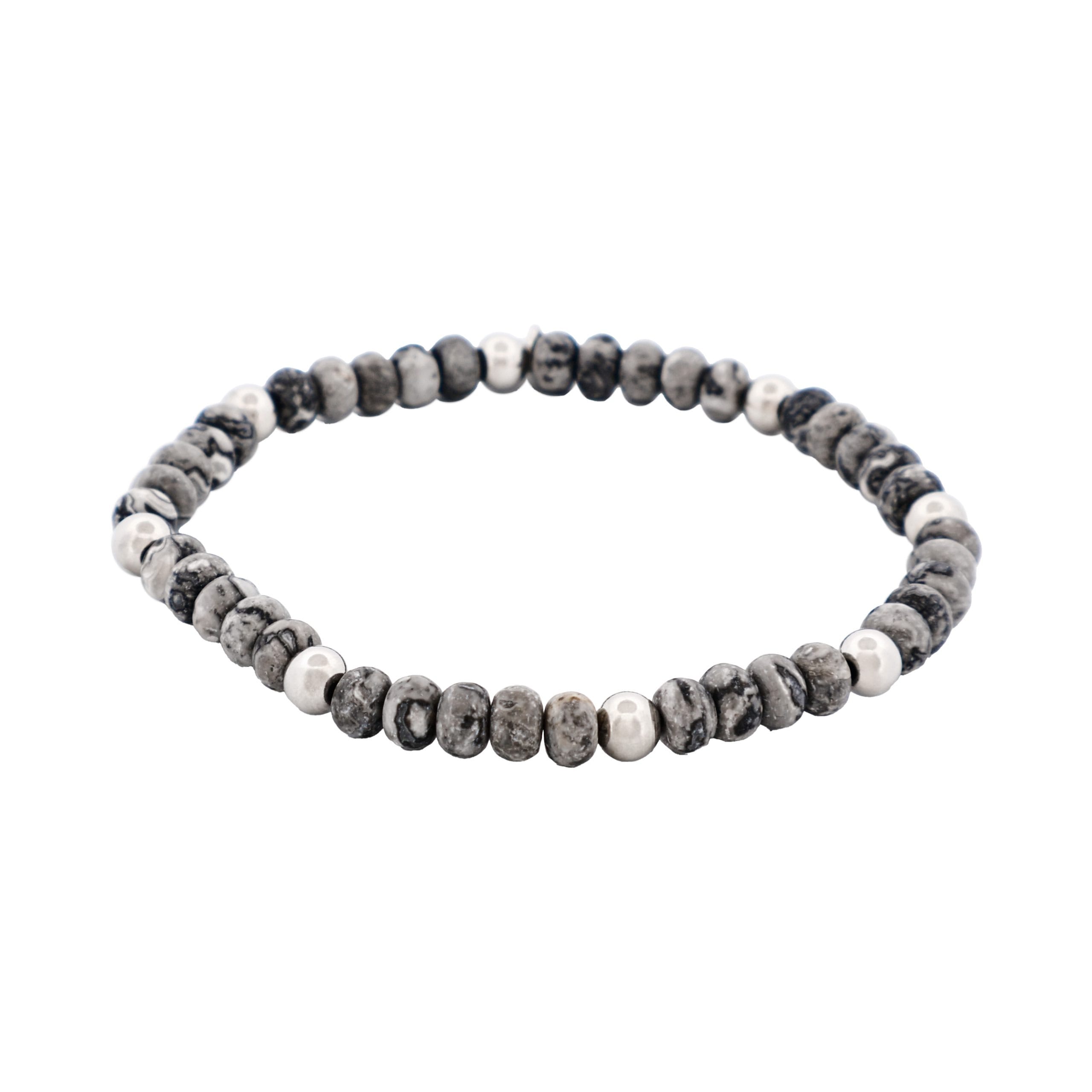 6mm Grey Jasper Stone Beads & Stainless Steel Bracelet