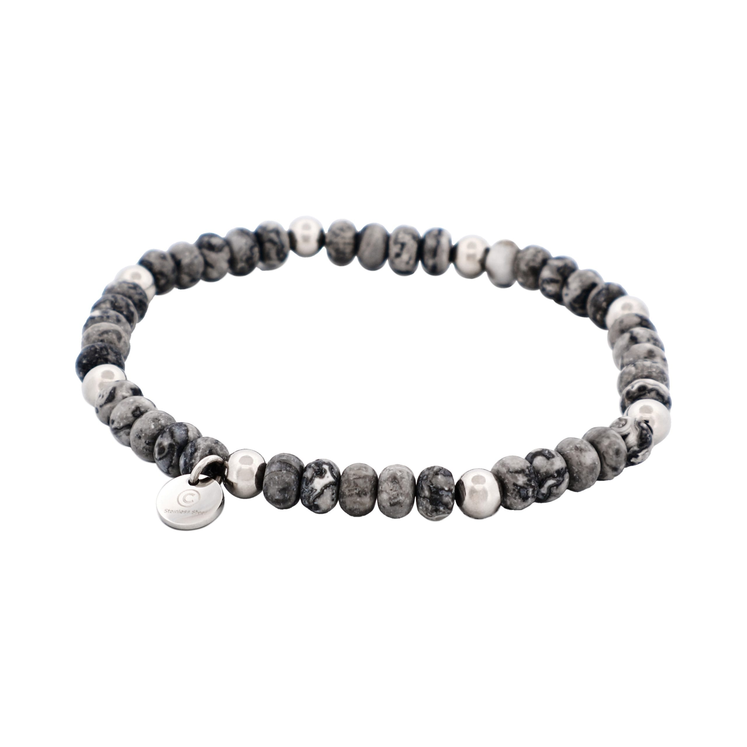 6mm Grey Jasper Stone Beads & Stainless Steel Bracelet