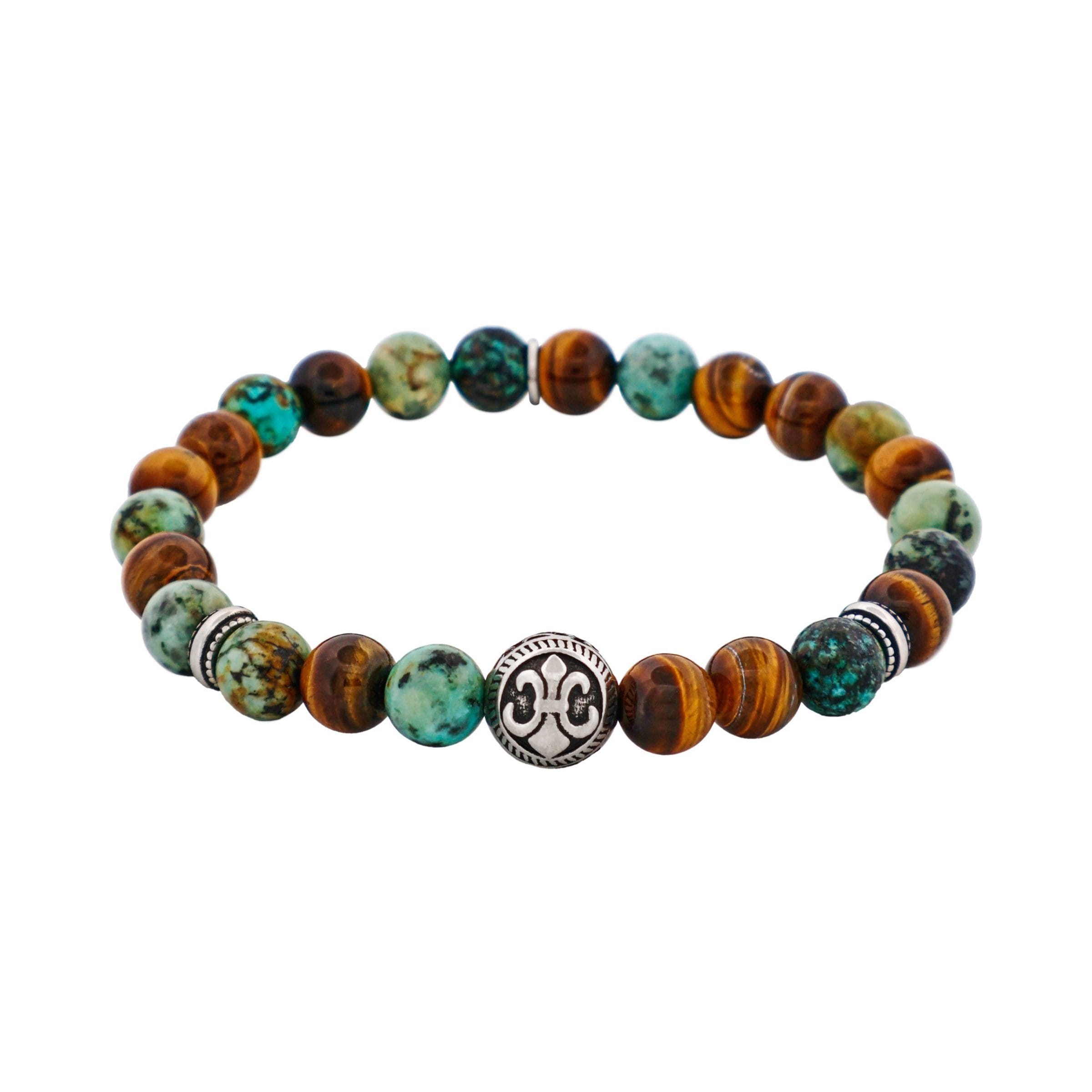 8mm Tiger Eye & African Turquoise Bead & Stainless Steel Bracelet