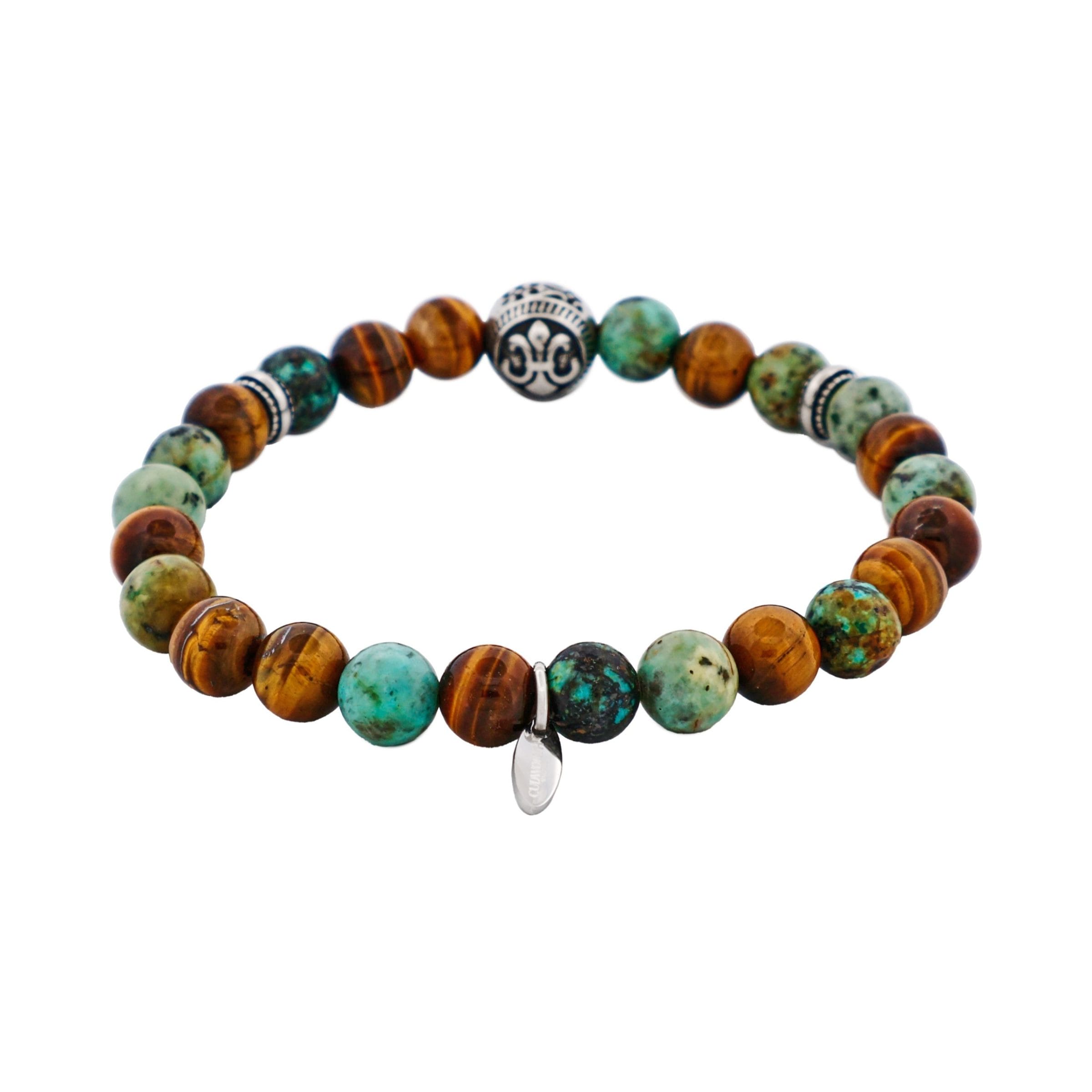8mm Tiger Eye & African Turquoise Bead & Stainless Steel Bracelet