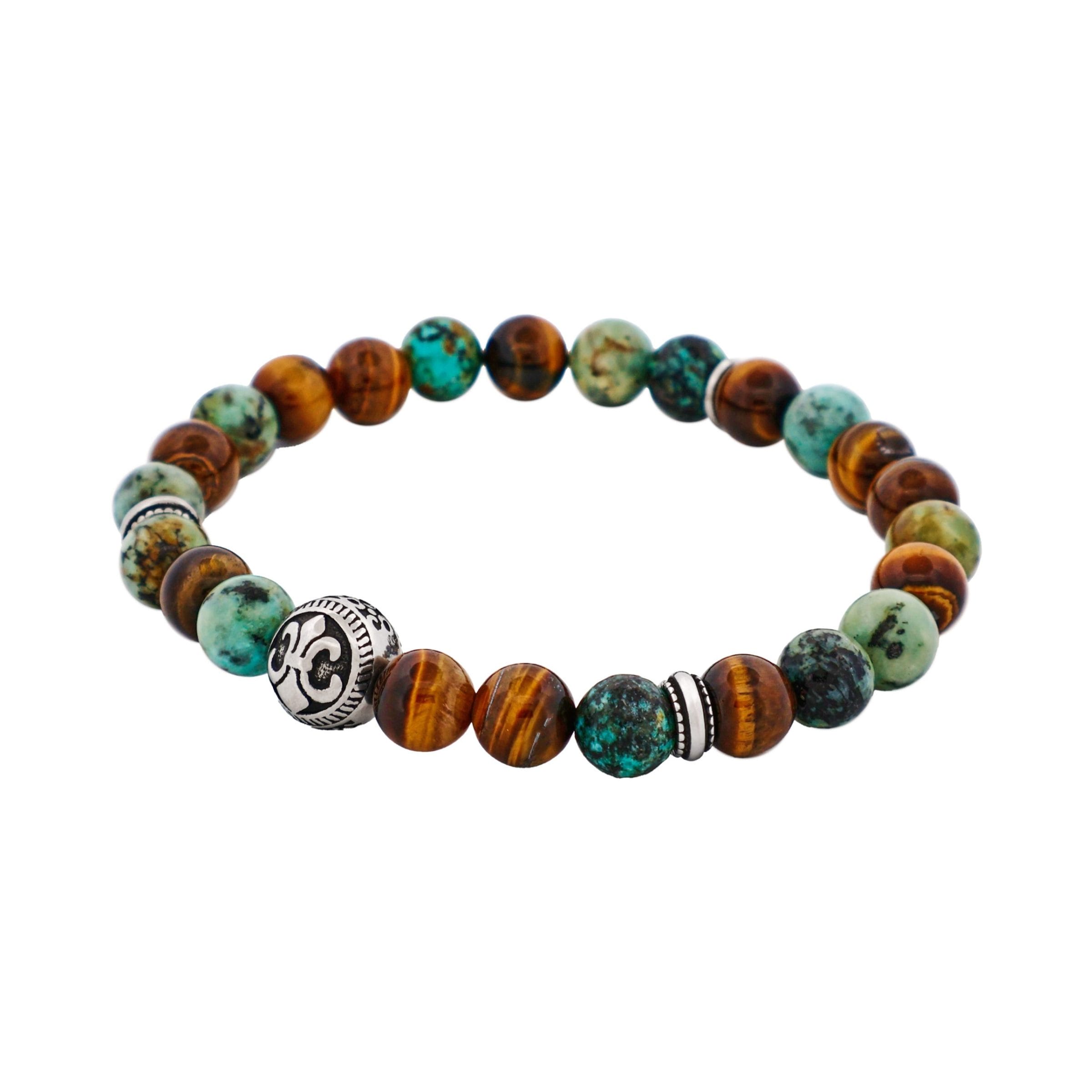 8mm Tiger Eye & African Turquoise Bead & Stainless Steel Bracelet