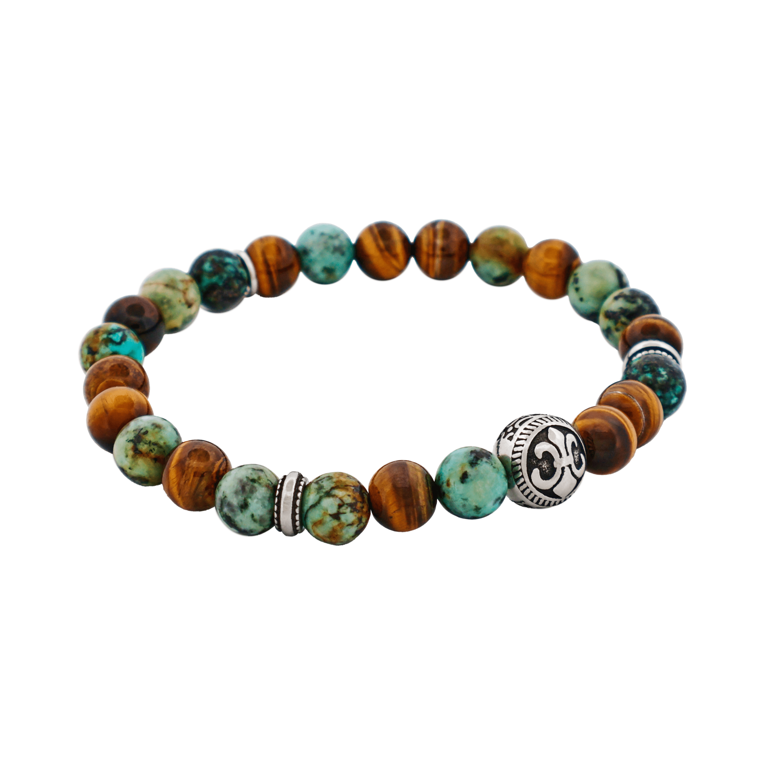 8mm Tiger Eye & African Turquoise Bead & Stainless Steel Bracelet