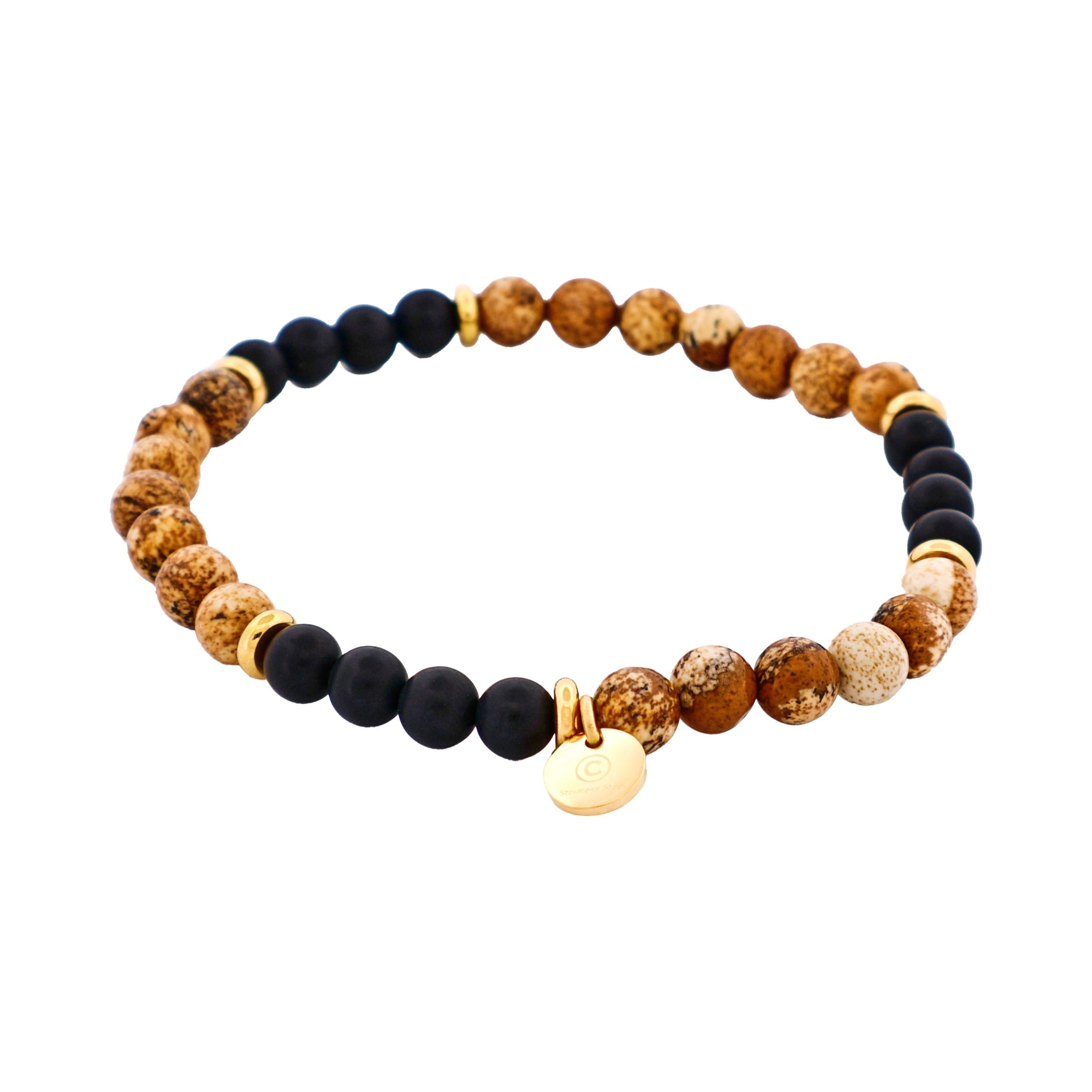 6mm Tan Jasper & Onyx Stone Beads &Ion Plated gold Plated Stainless Steel Bracelet