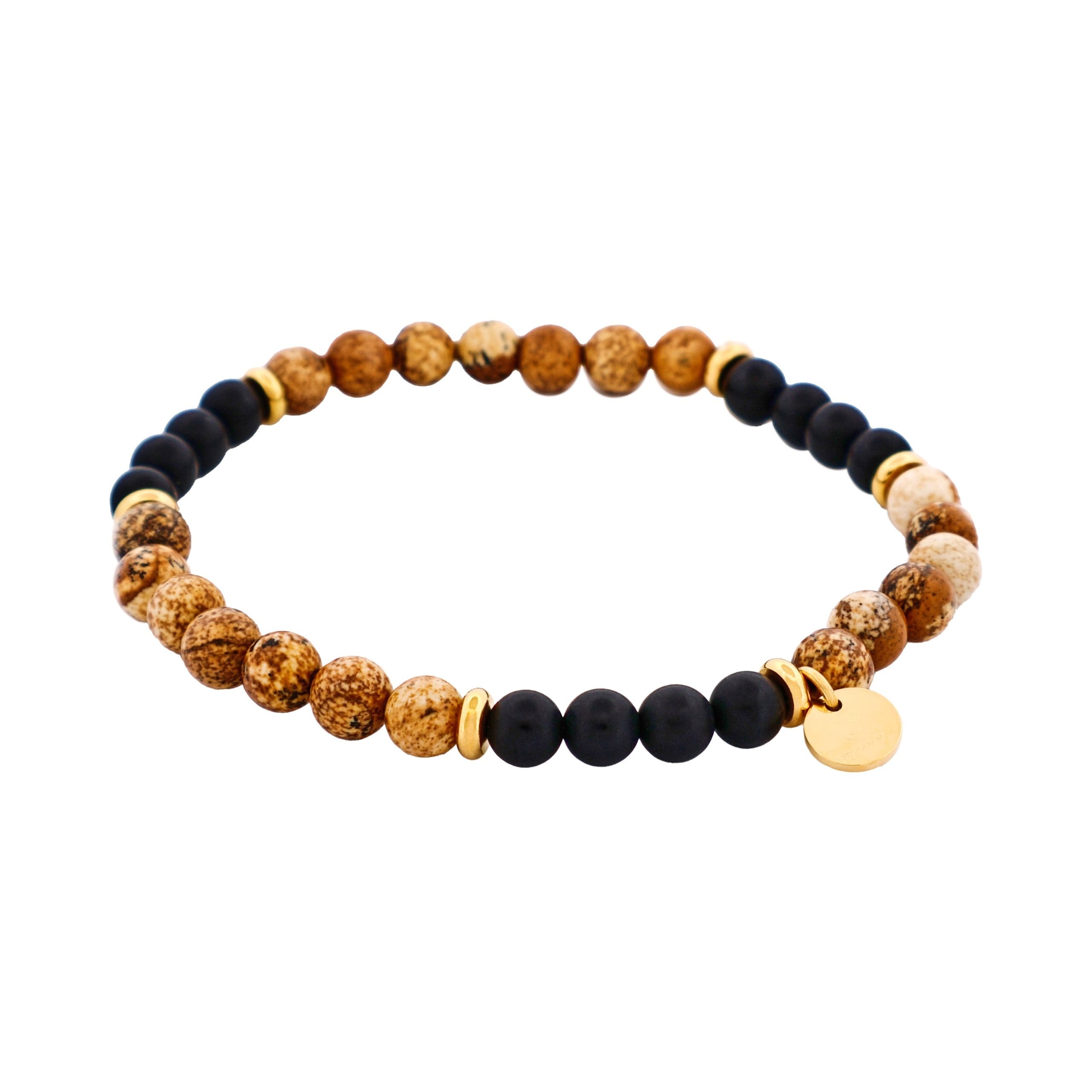 6mm Tan Jasper & Onyx Stone Beads &Ion Plated gold Plated Stainless Steel Bracelet