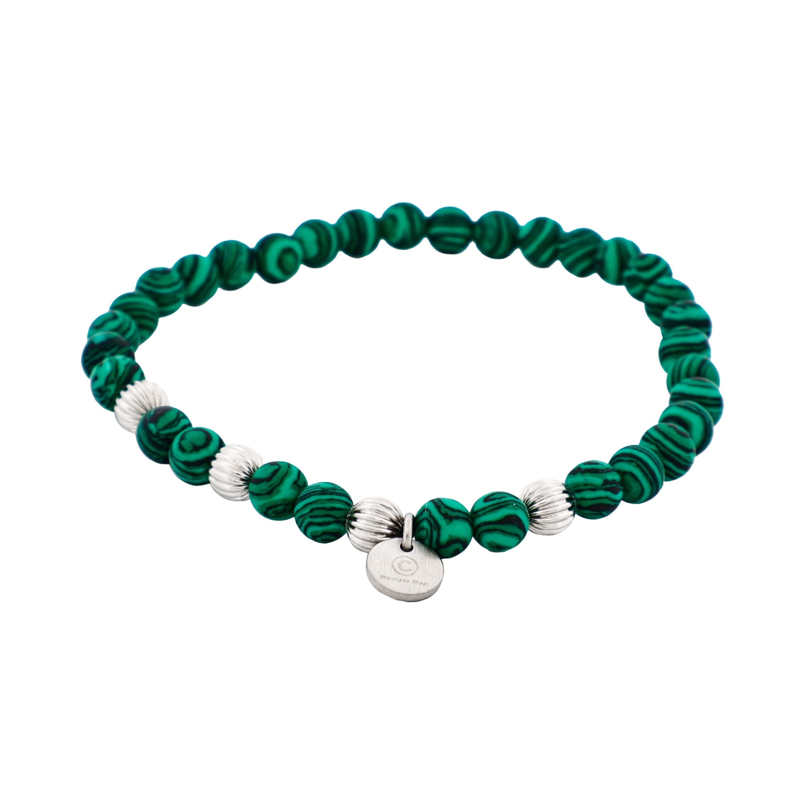 6mm Green Malachite Stone Beads & Stainless Steel Bracelet