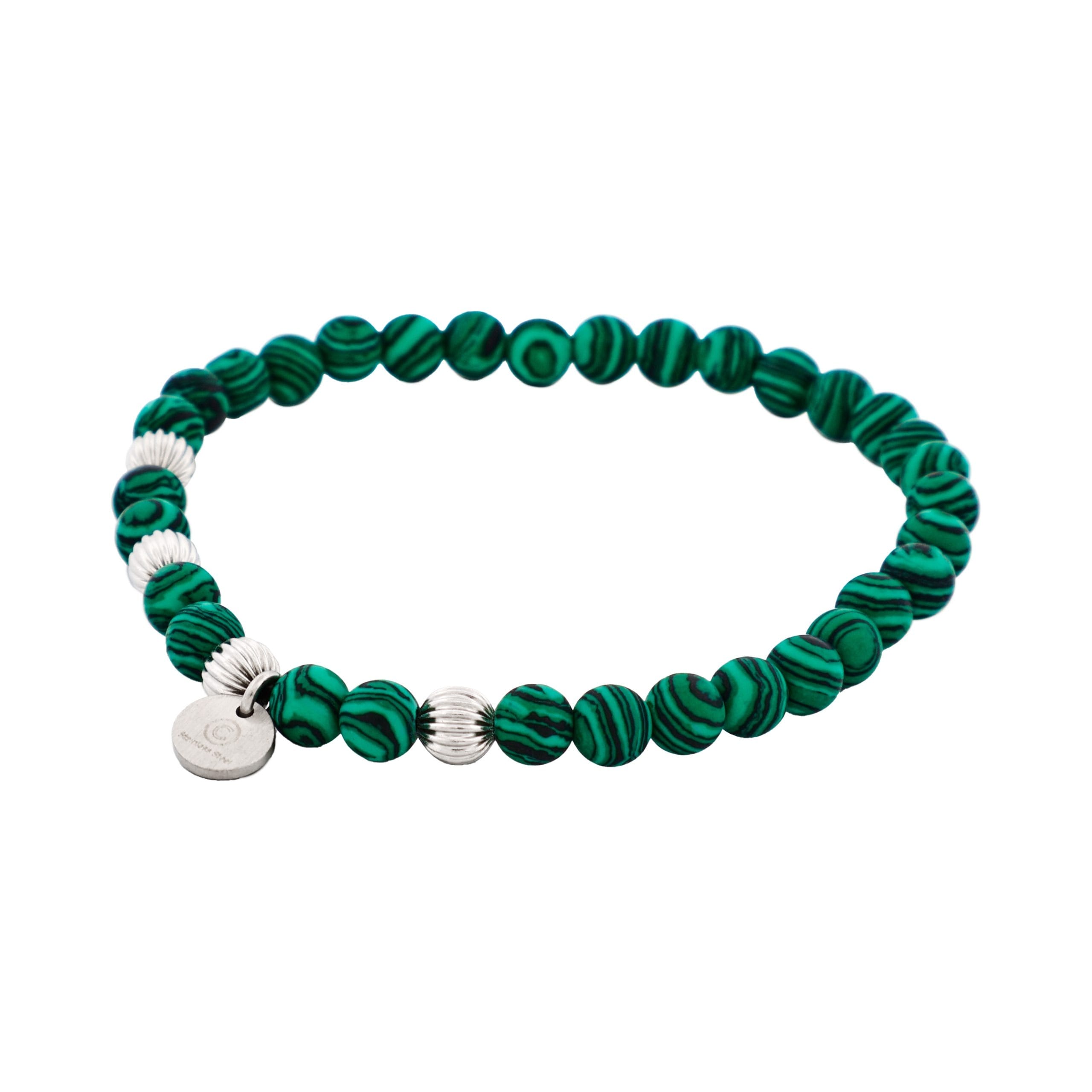 6mm Green Malachite Stone Beads & Stainless Steel Bracelet
