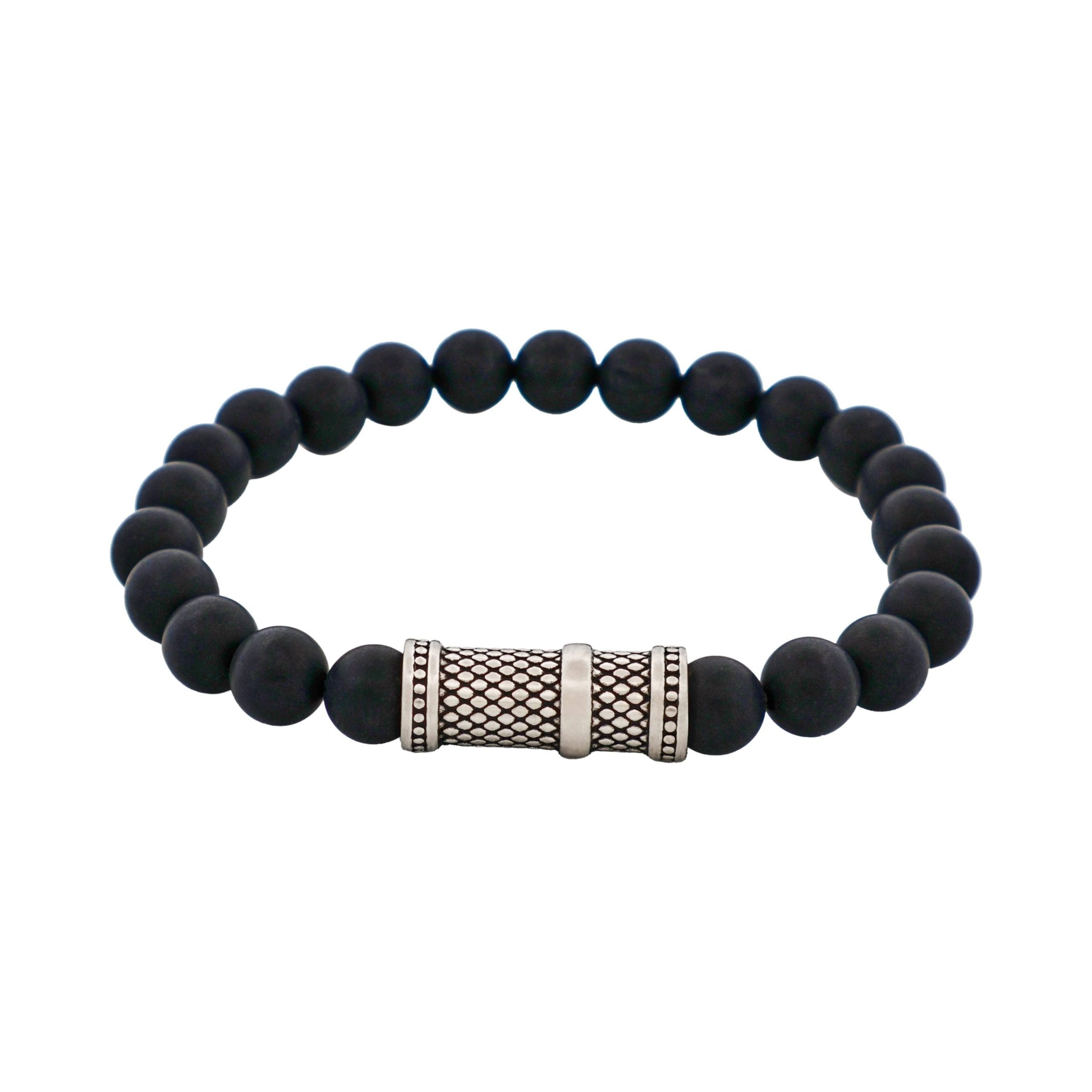 8mm Brushed Black Agate Stone Bracelet with Ion Plated Black Lattice Pattern Stainless Steel