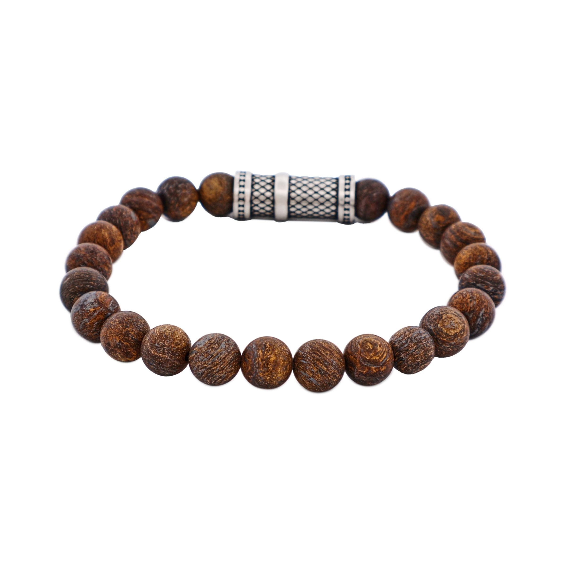 8mm Bronzite Stone Bracelet with Ion Plated Black Lattice Pattern Stainless Steel