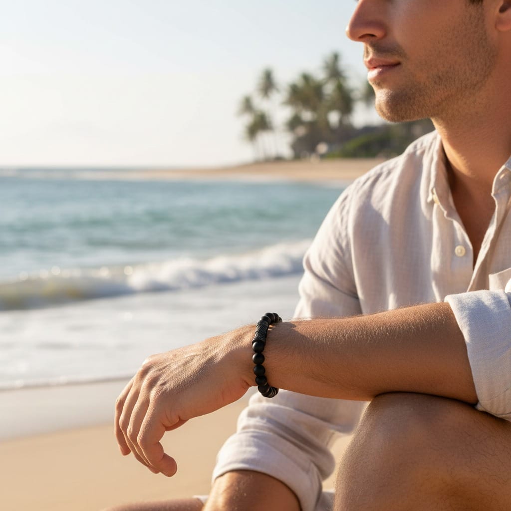 Agate Bead Bracelet & Ion Plated Black Stainless Steel Bracelet