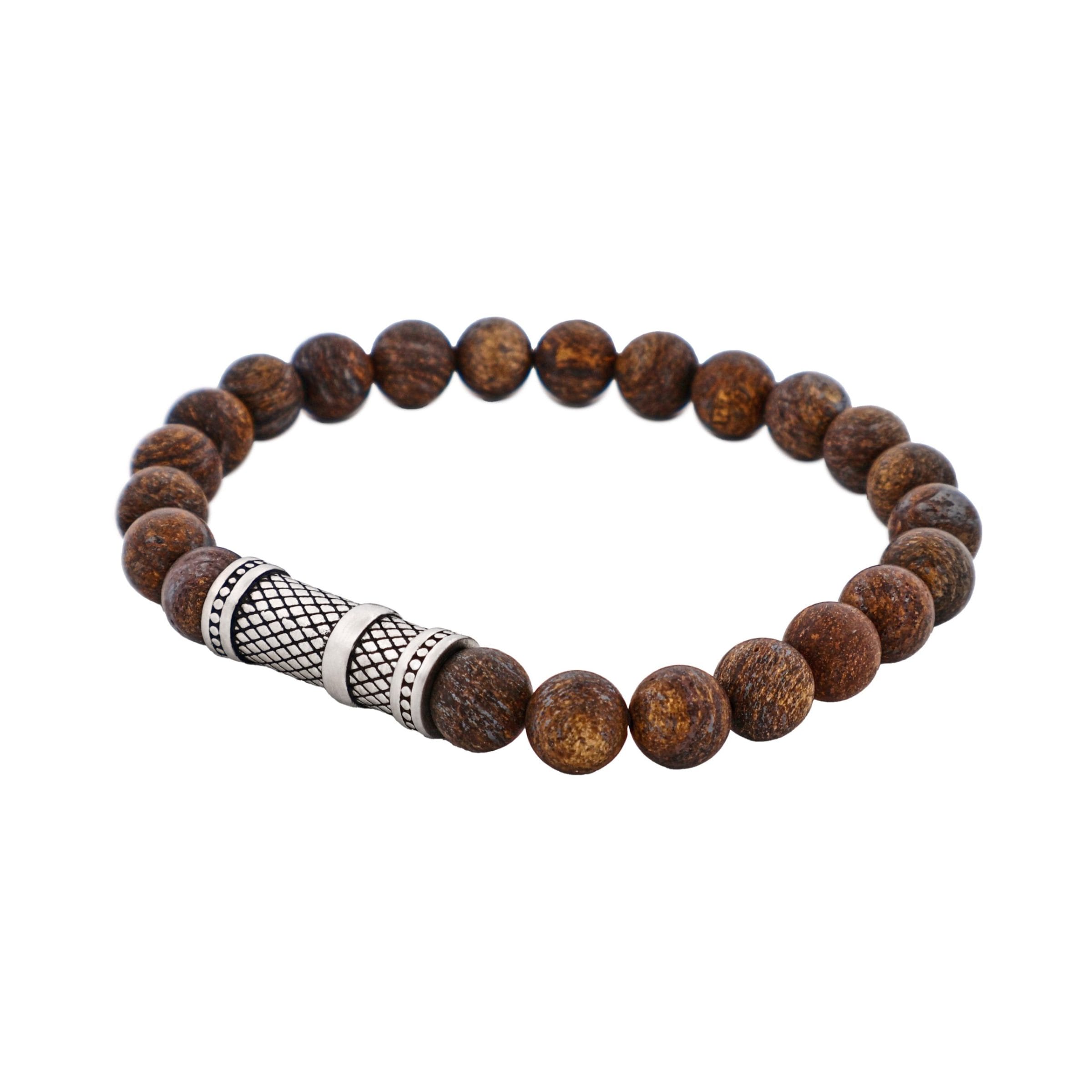 8mm Bronzite Stone Bracelet with Ion Plated Black Lattice Pattern Stainless Steel