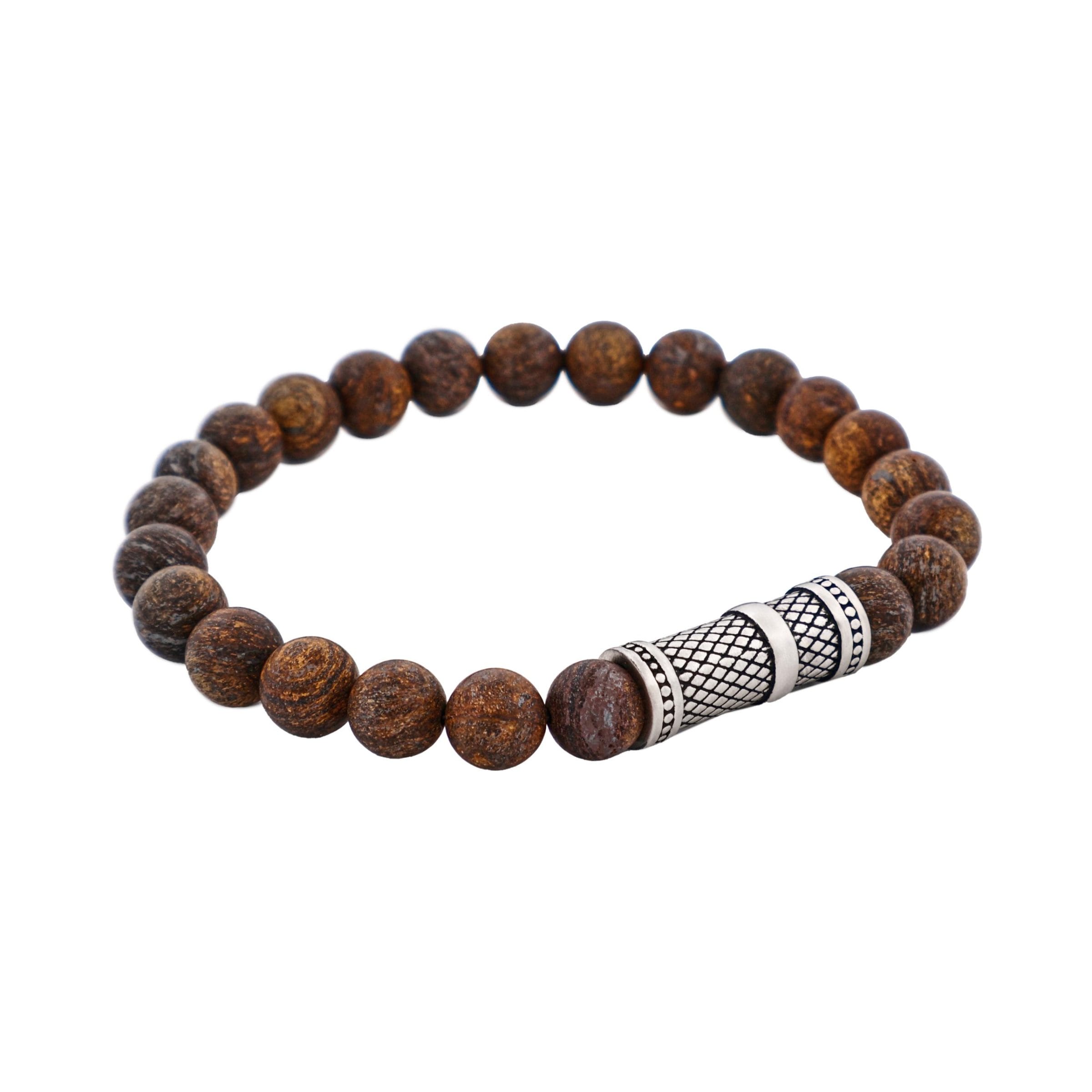 8mm Bronzite Stone Bracelet with Ion Plated Black Lattice Pattern Stainless Steel