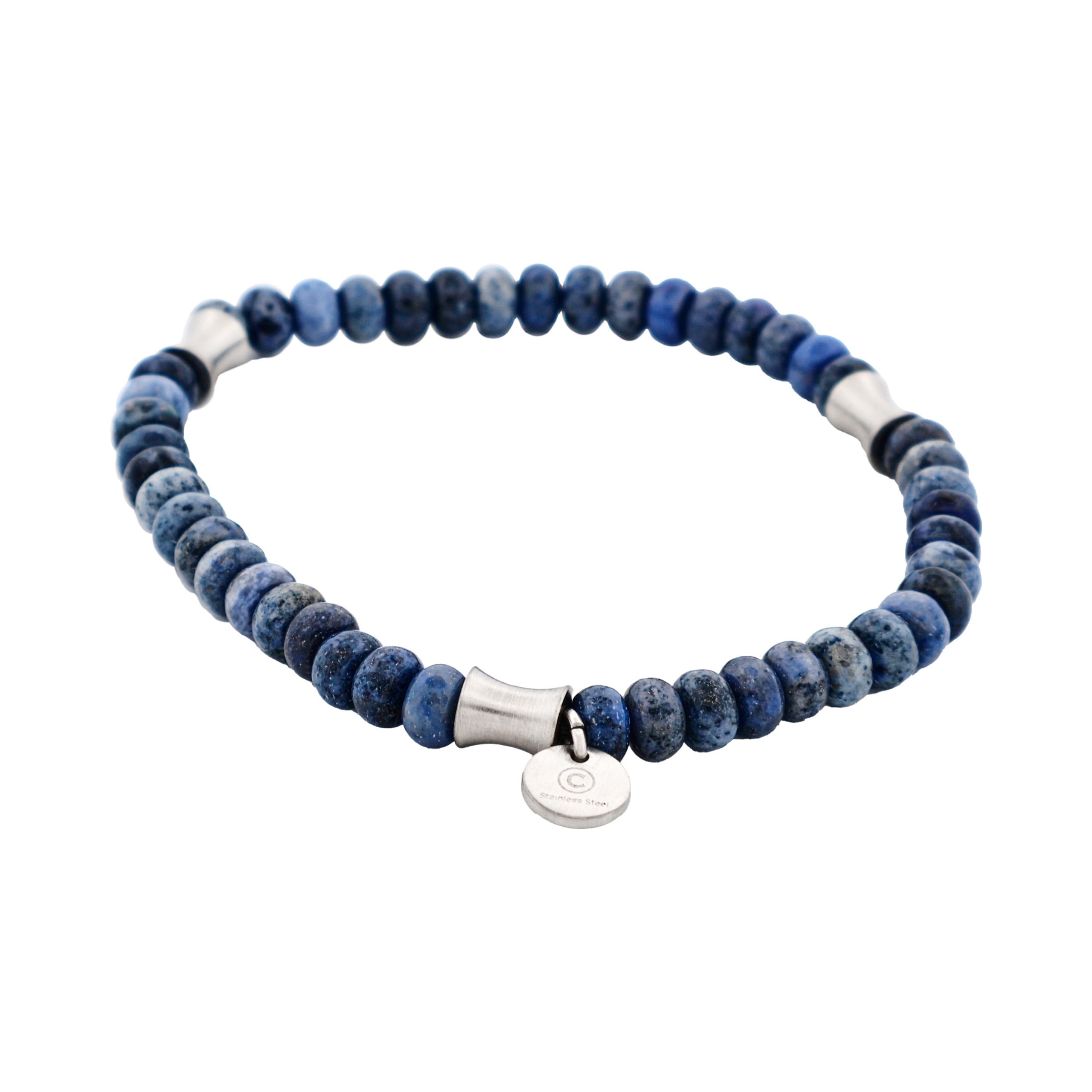 6mm Dumortierite Stone Beaded Stainless Steel Bracelet
