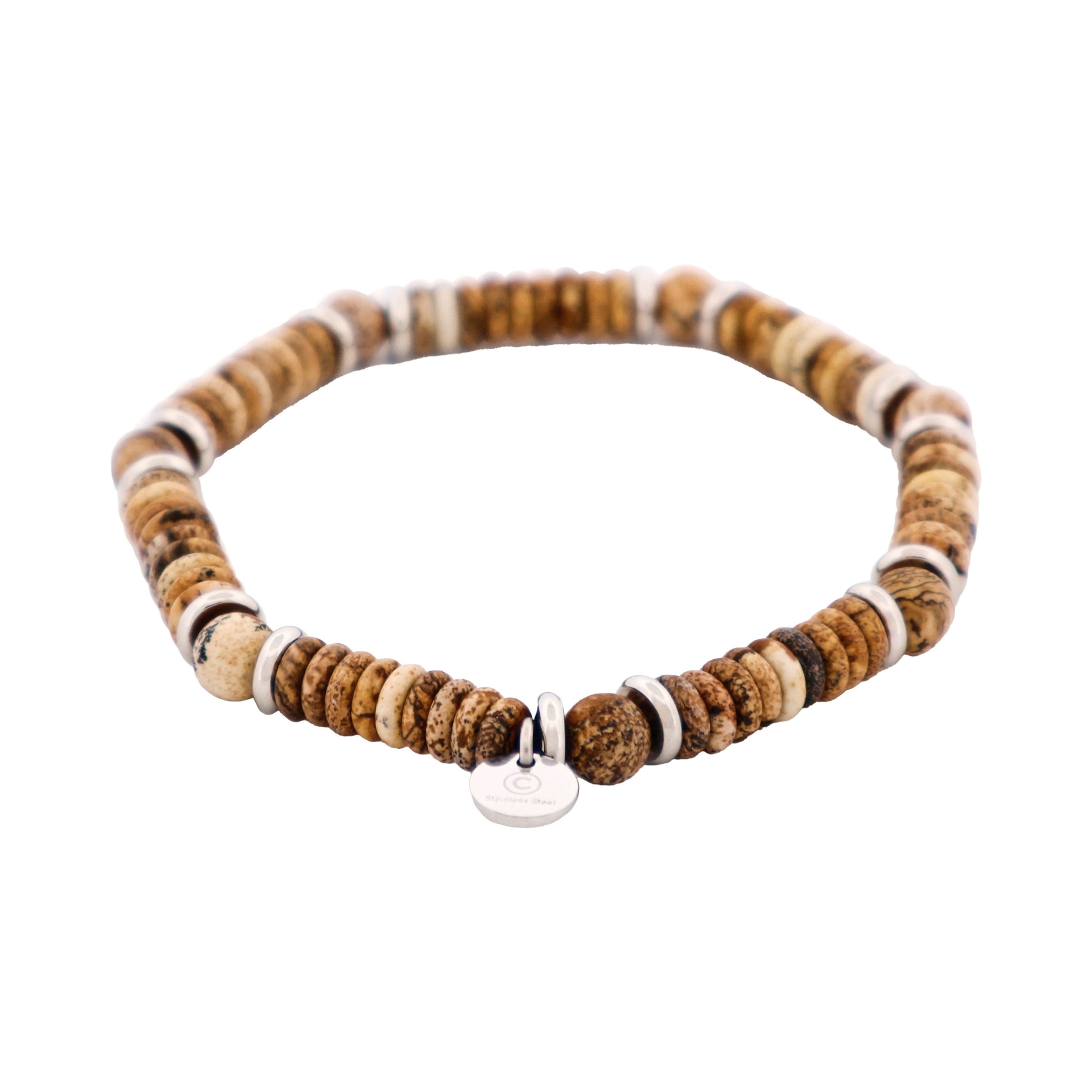 Tan Jasper Stone Beaded & Stainless Steel Bracelet