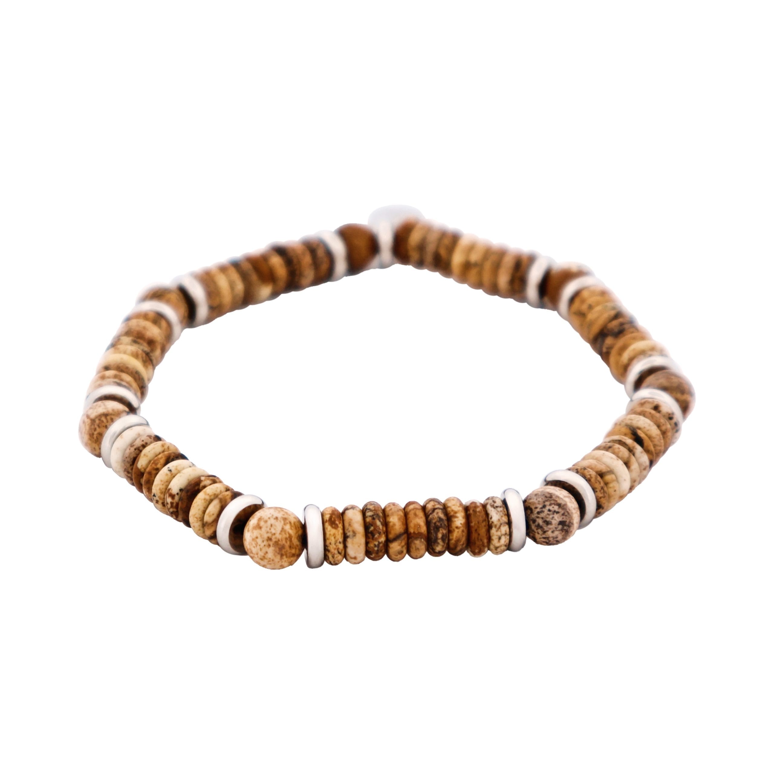 Tan Jasper Stone Beaded & Stainless Steel Bracelet