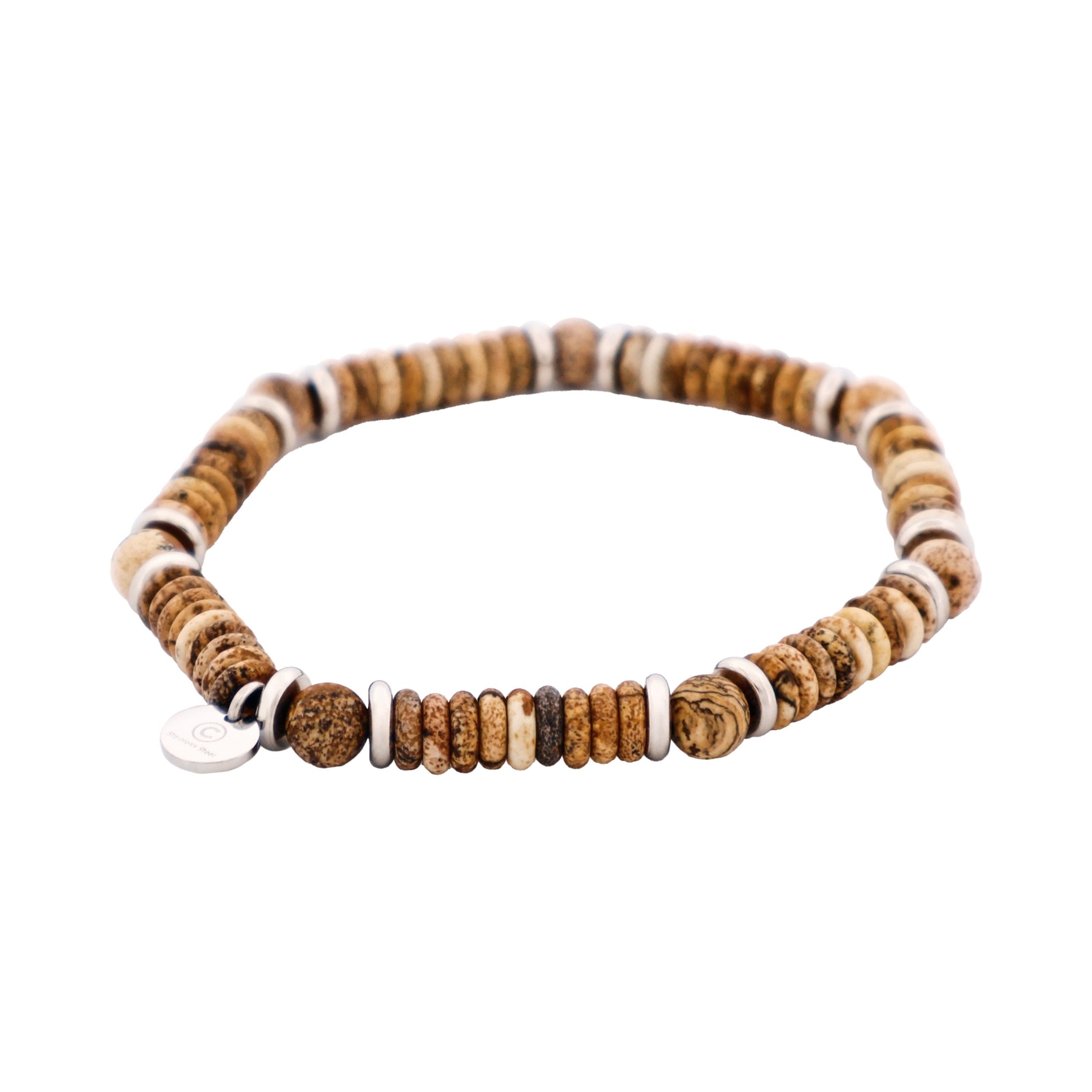 Tan Jasper Stone Beaded & Stainless Steel Bracelet