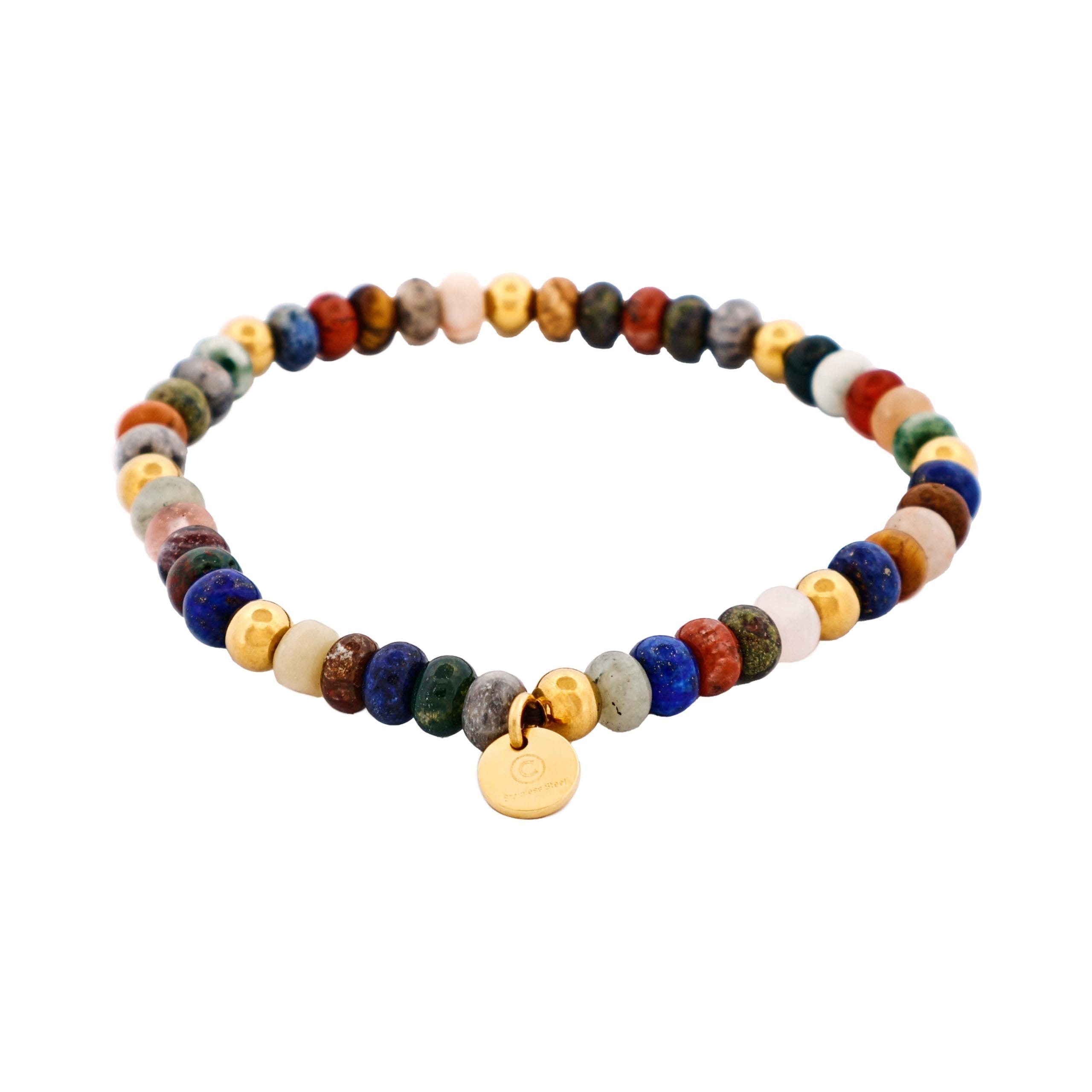 6mm Mixed Stone BeadedIon Plated Gold Stainless Steel Bracelet