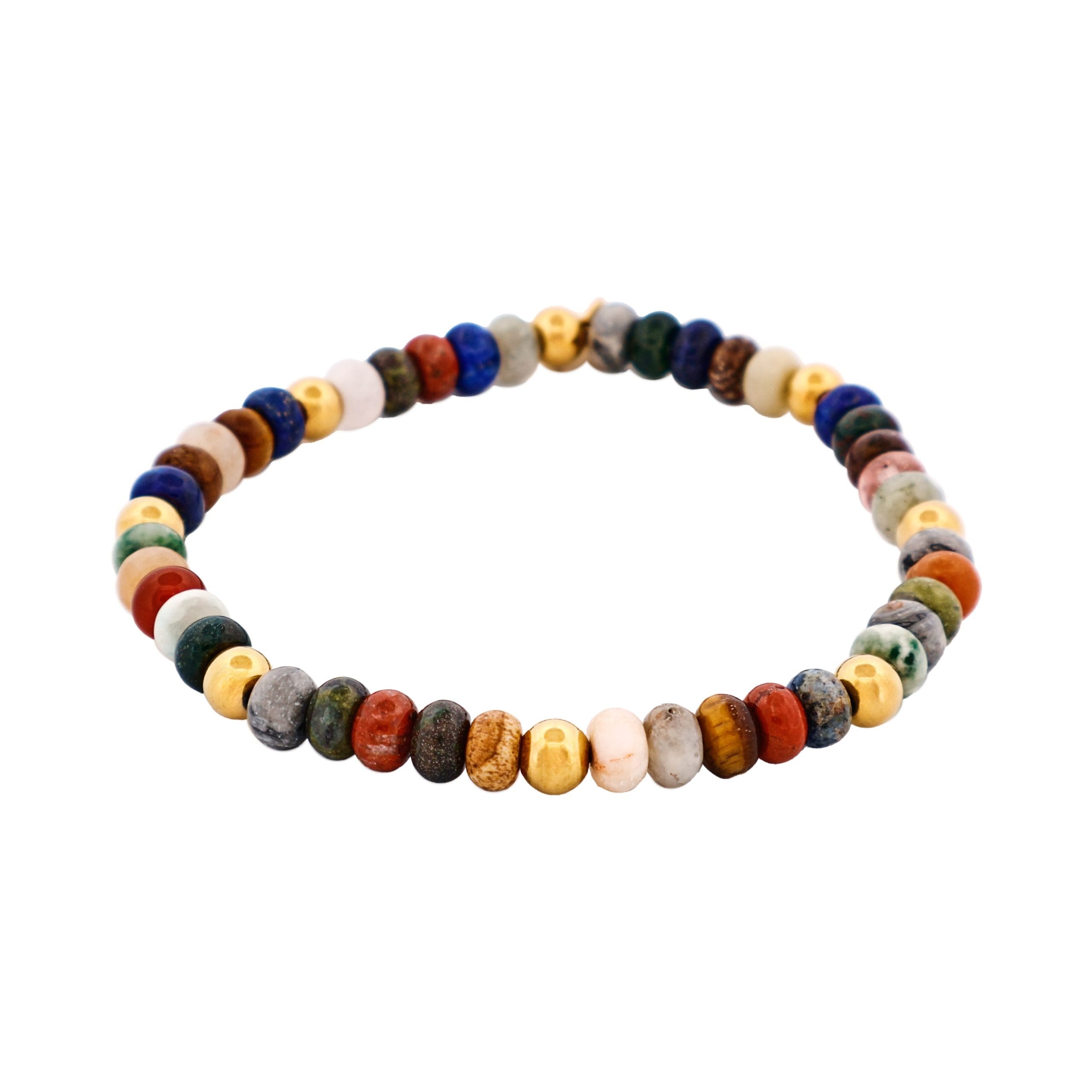 6mm Mixed Stone BeadedIon Plated Gold Stainless Steel Bracelet