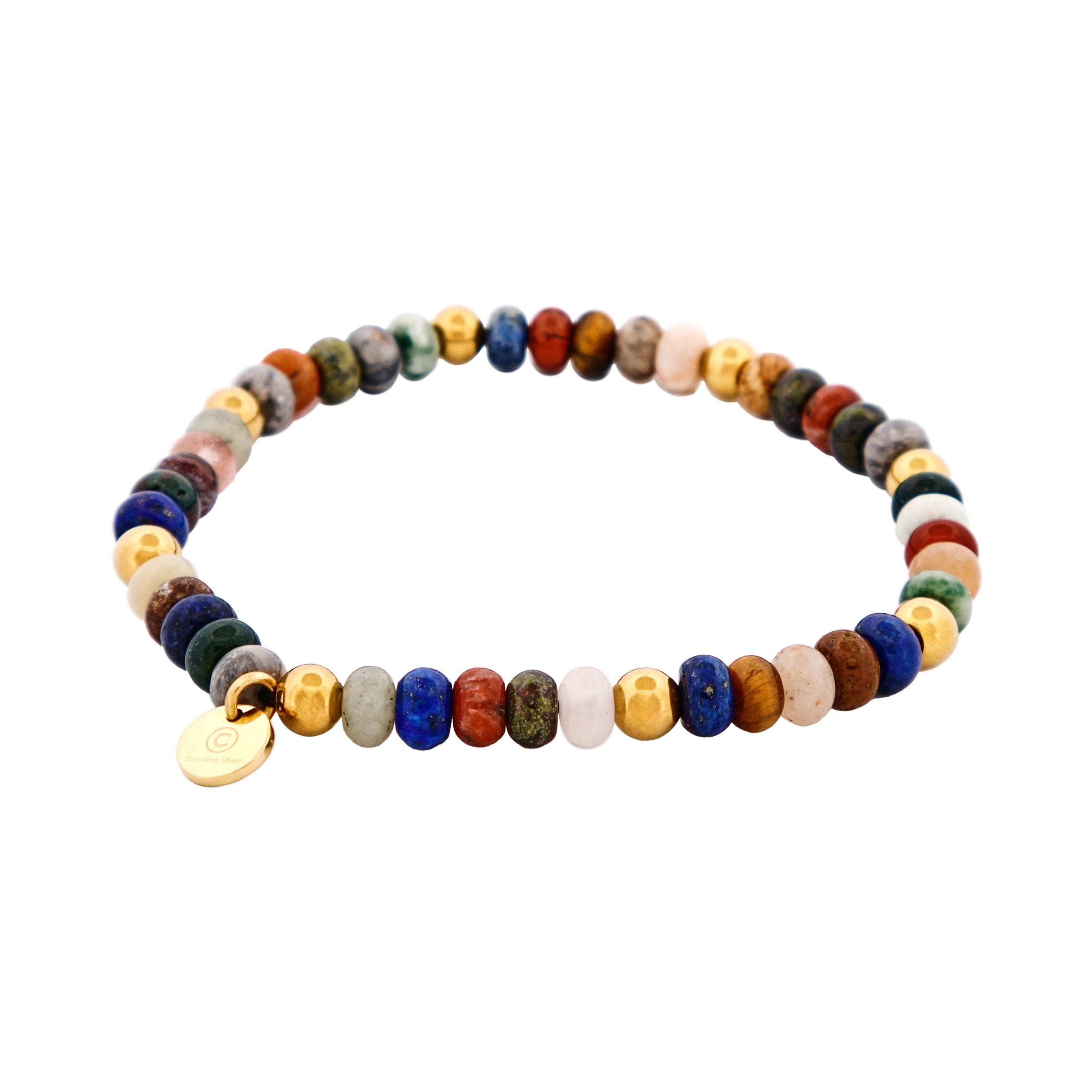 6mm Mixed Stone BeadedIon Plated Gold Stainless Steel Bracelet