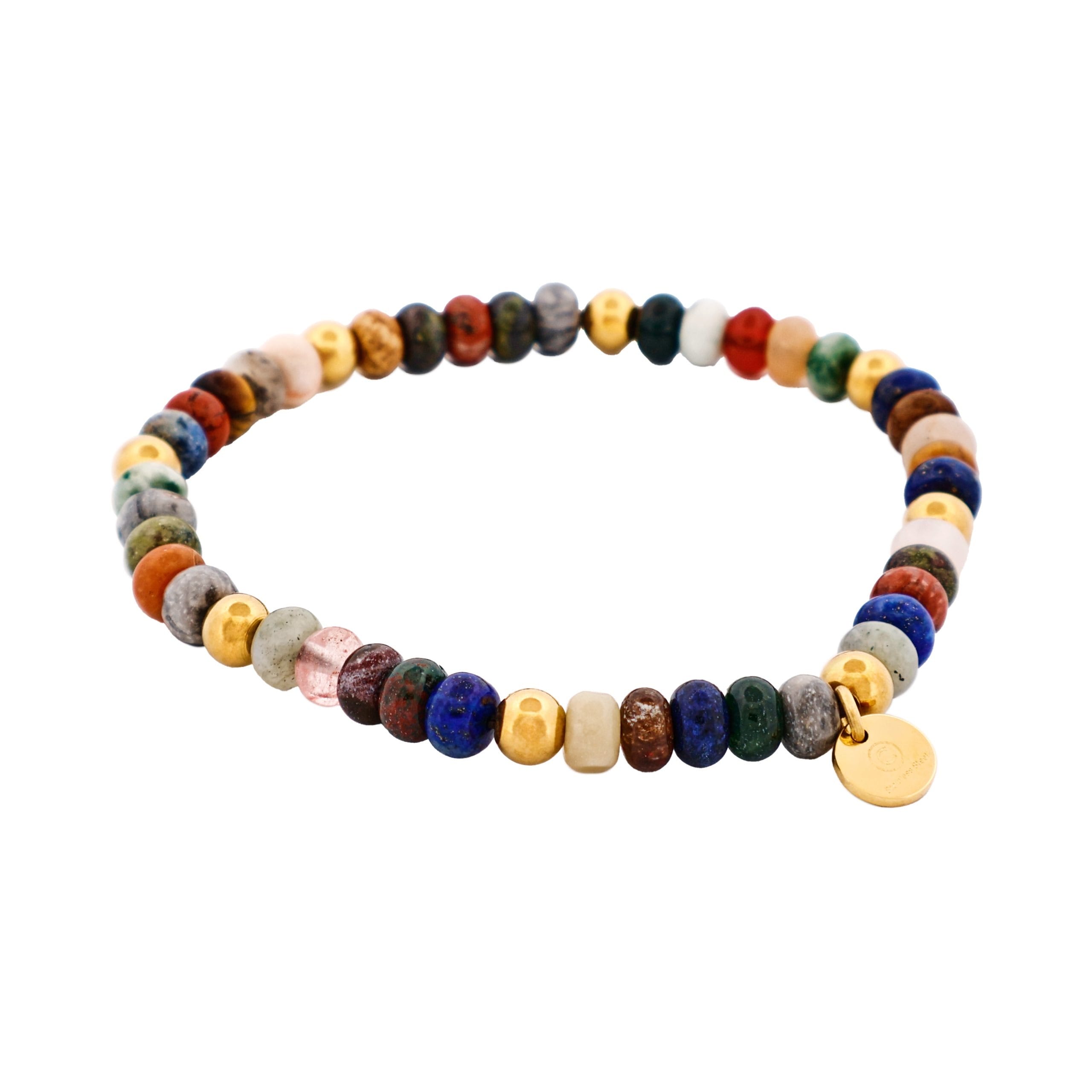 6mm Mixed Stone BeadedIon Plated Gold Stainless Steel Bracelet