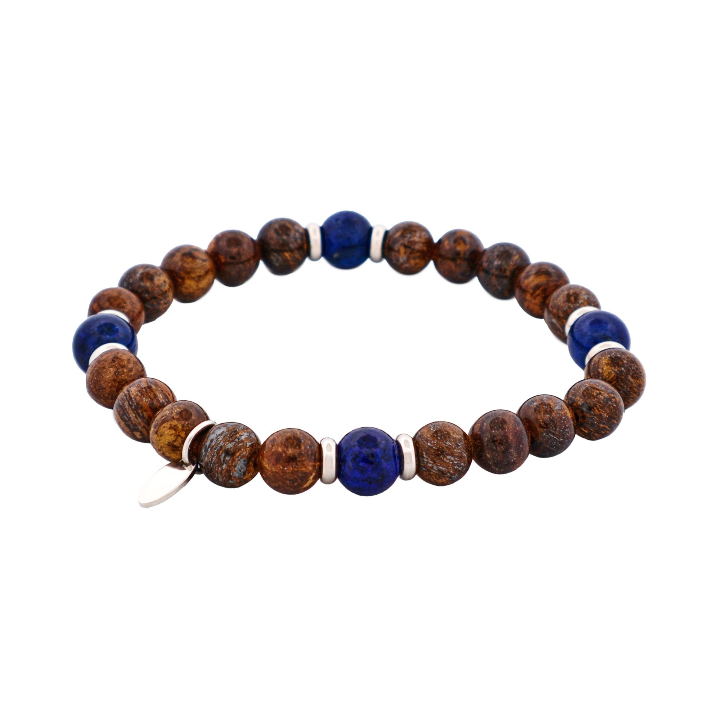 8mm Bronzite & Lapis Lazuli Stainless Steel Beaded Bracelet