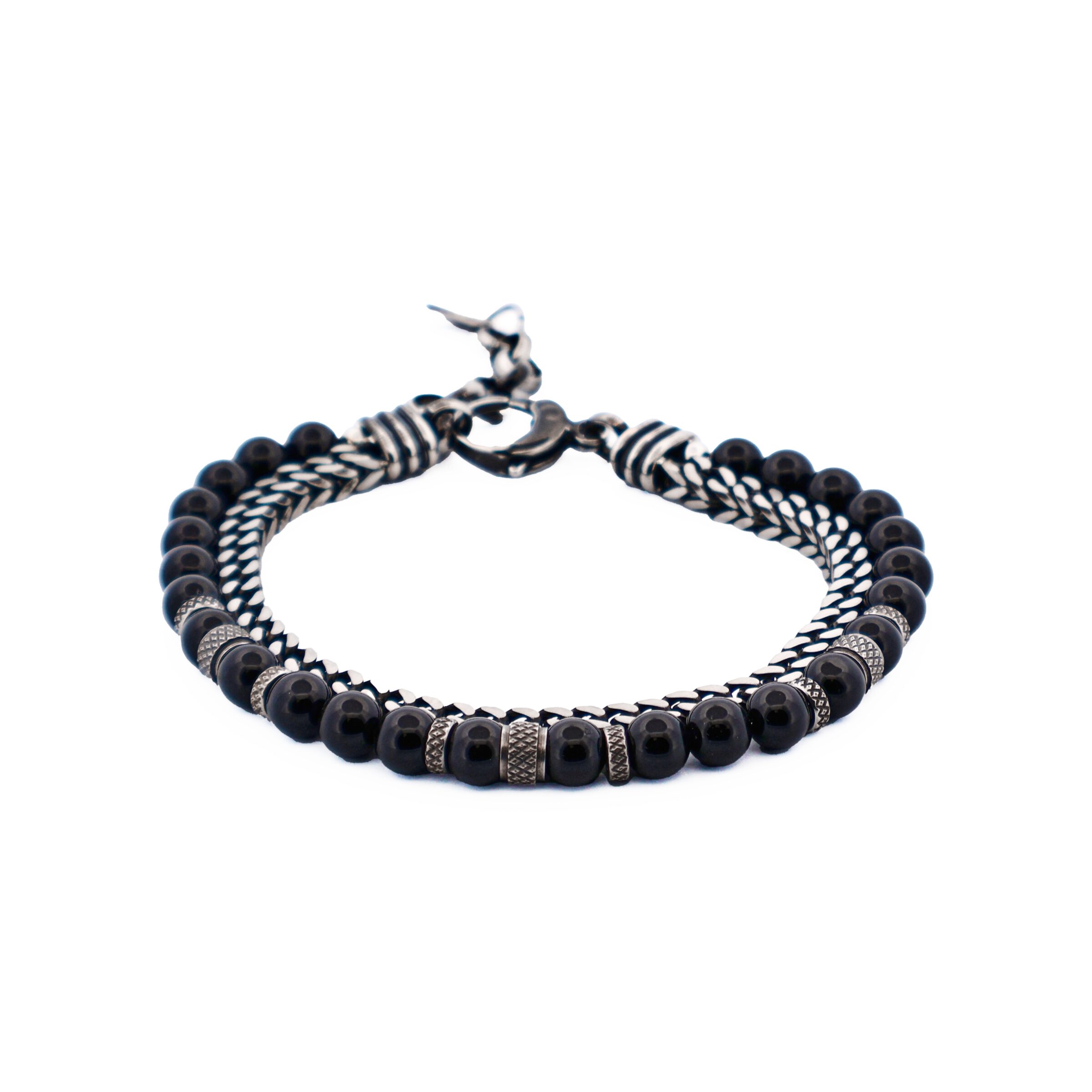 Antique Ion Plated Stainless Steel Gun Agate Beaded Bracelet