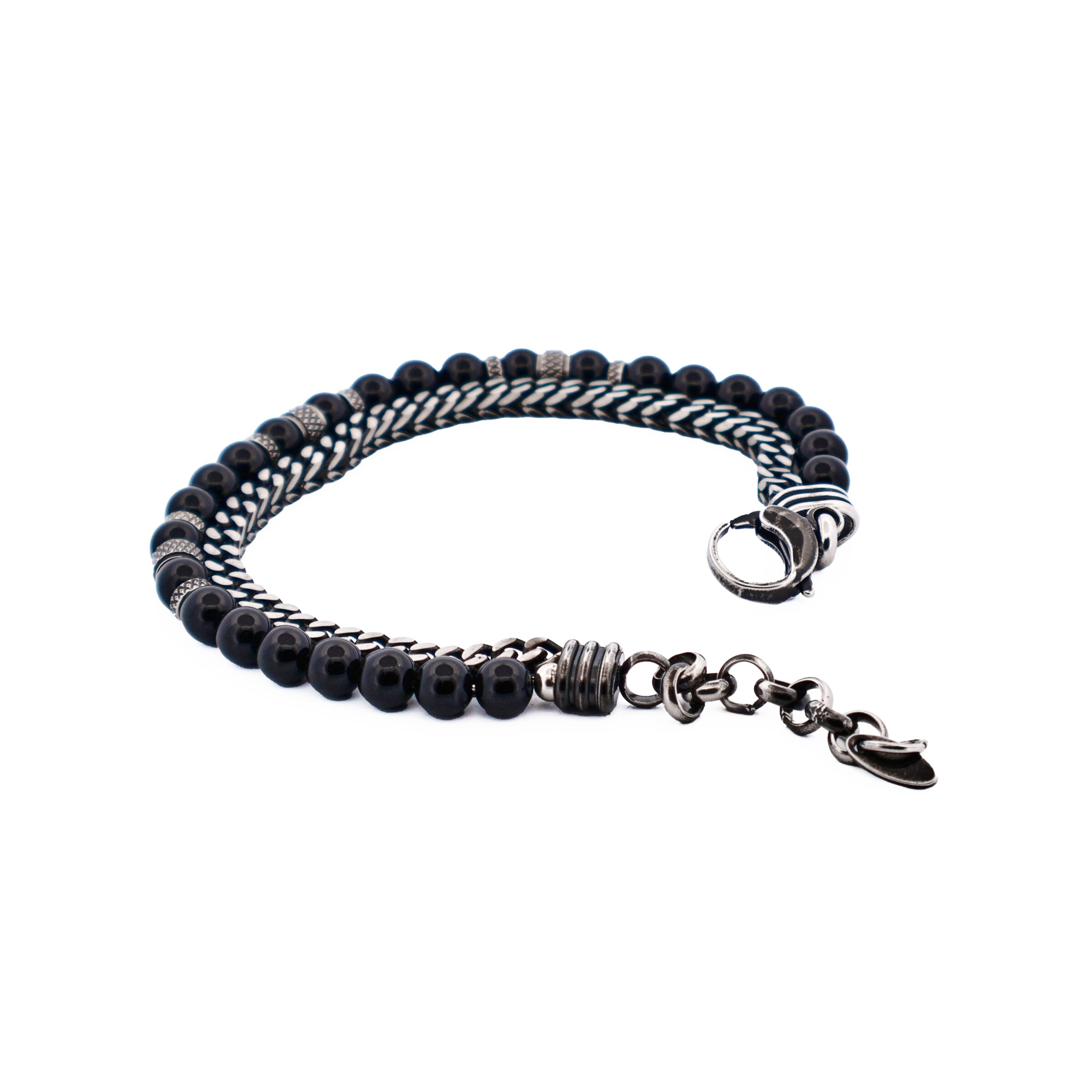 Antique Ion Plated Stainless Steel Gun Agate Beaded Bracelet