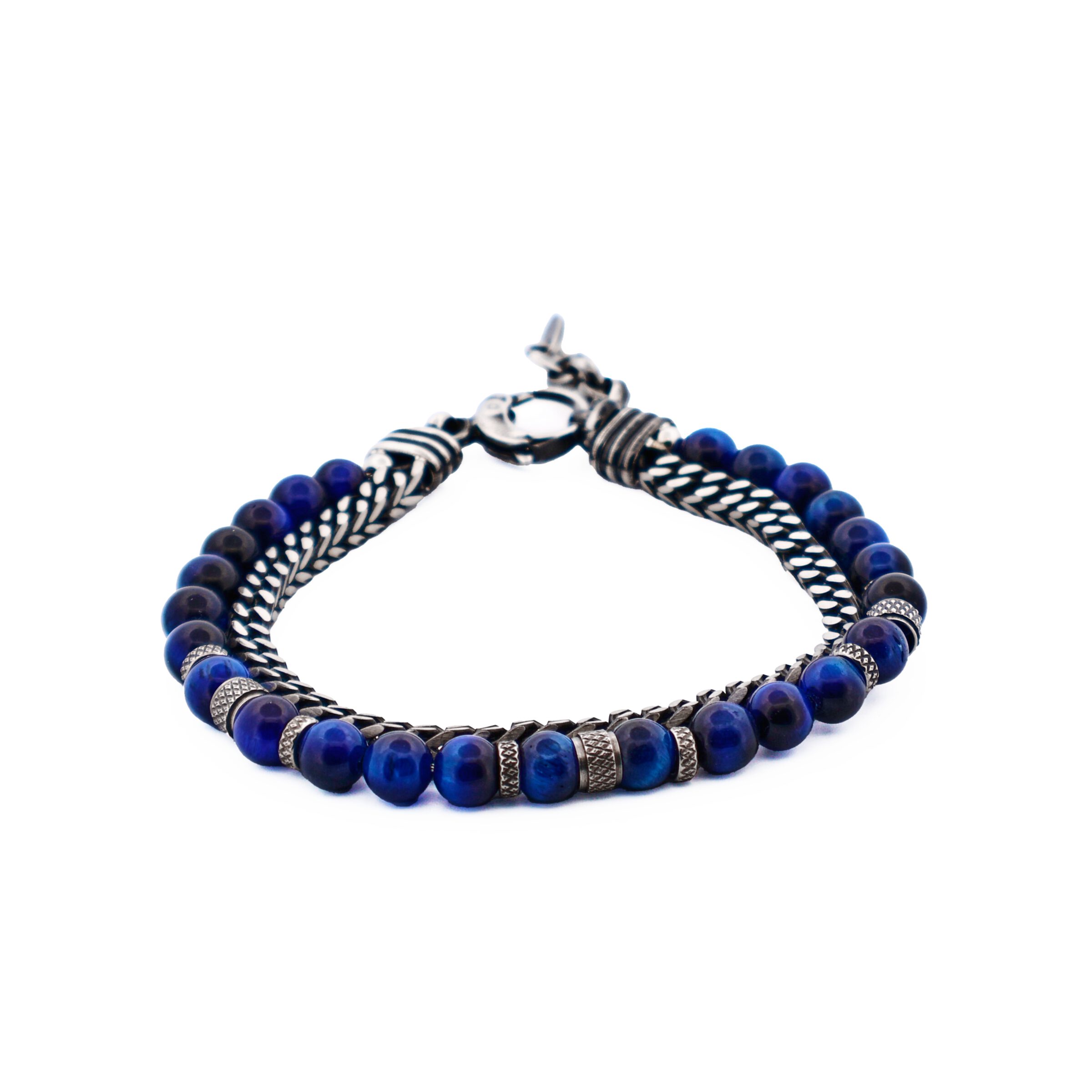 AntiqueIon Plated Gun Metal & Blue Tiger Eye Beaded Bracelet