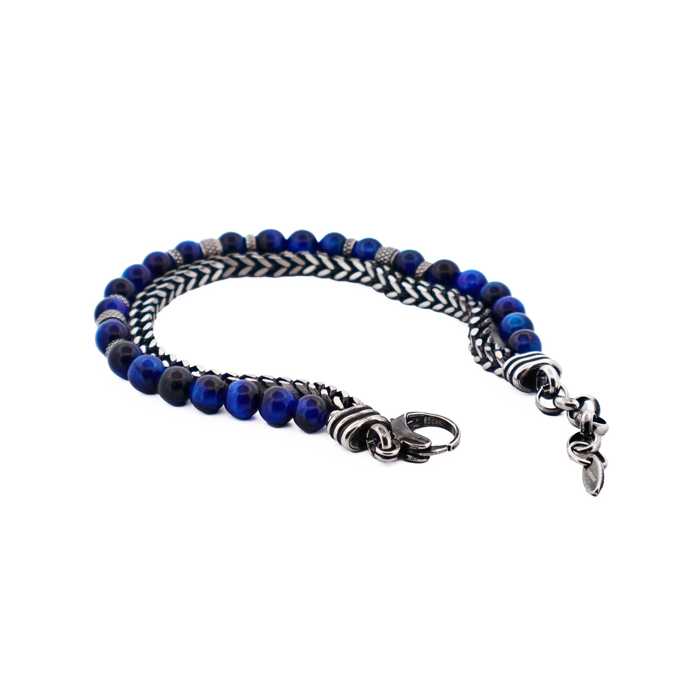 AntiqueIon Plated Gun Metal & Blue Tiger Eye Beaded Bracelet