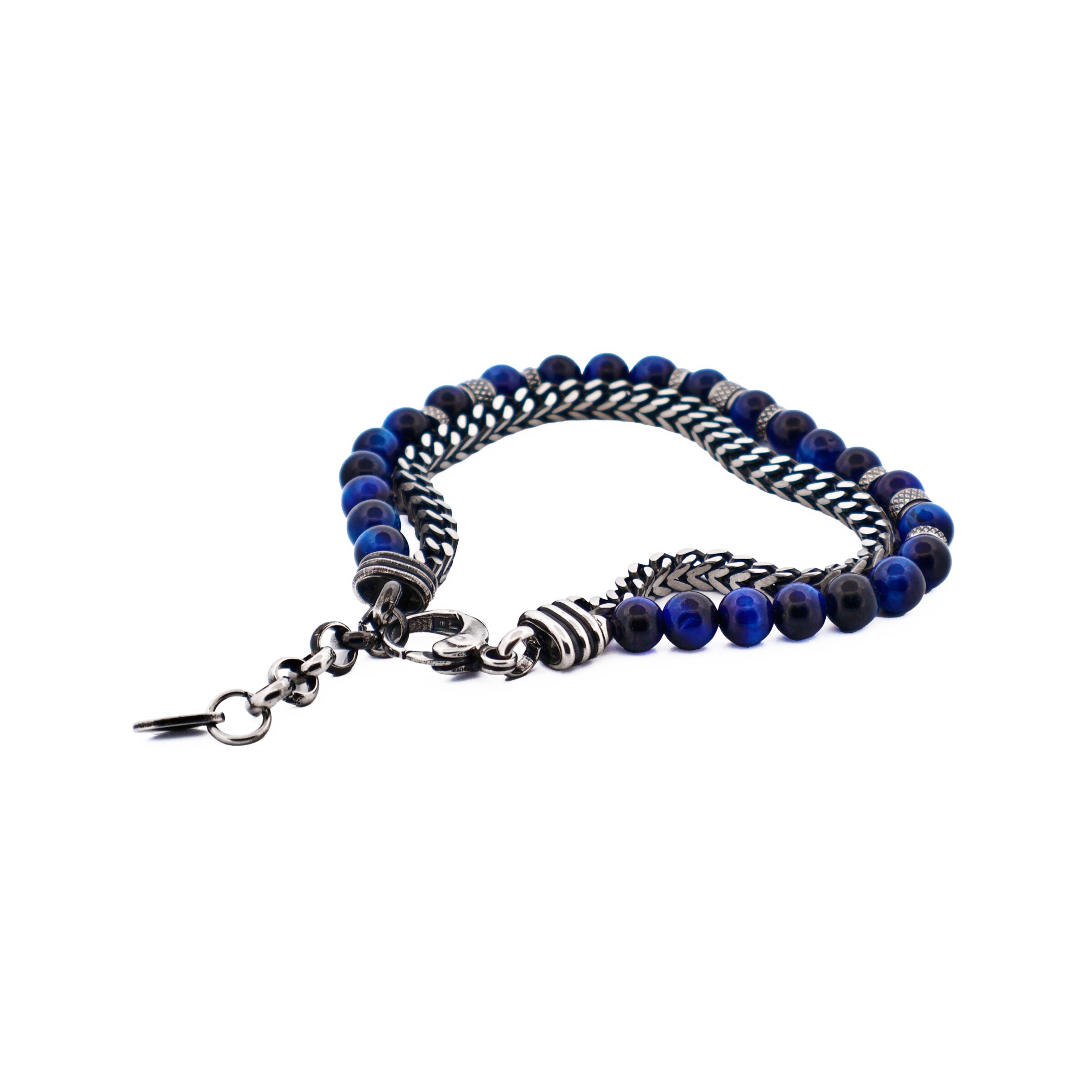 AntiqueIon Plated Gun Metal & Blue Tiger Eye Beaded Bracelet