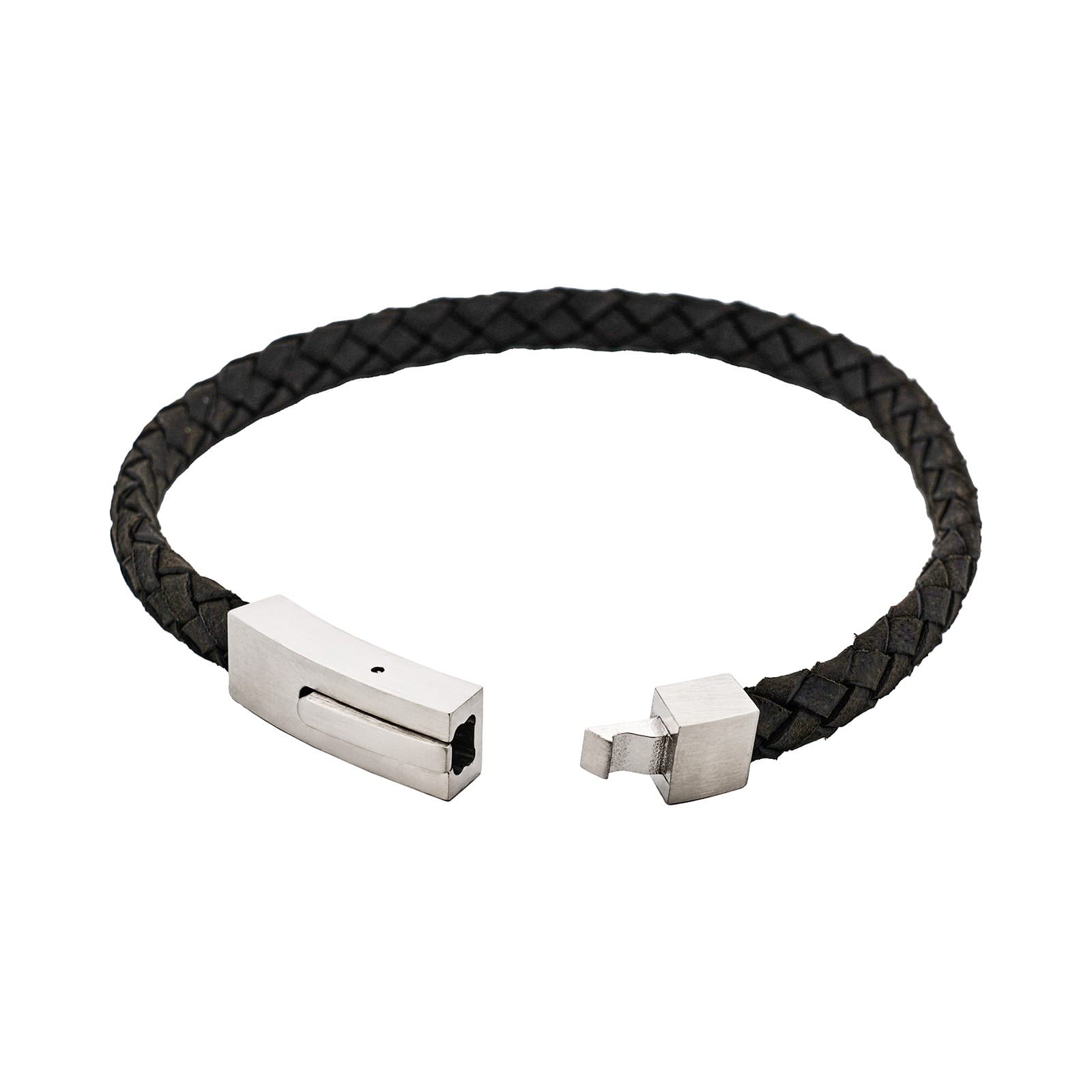 Braided Suede & Steel Calabria Bracelet, 21.5cm x 6mm, Nero