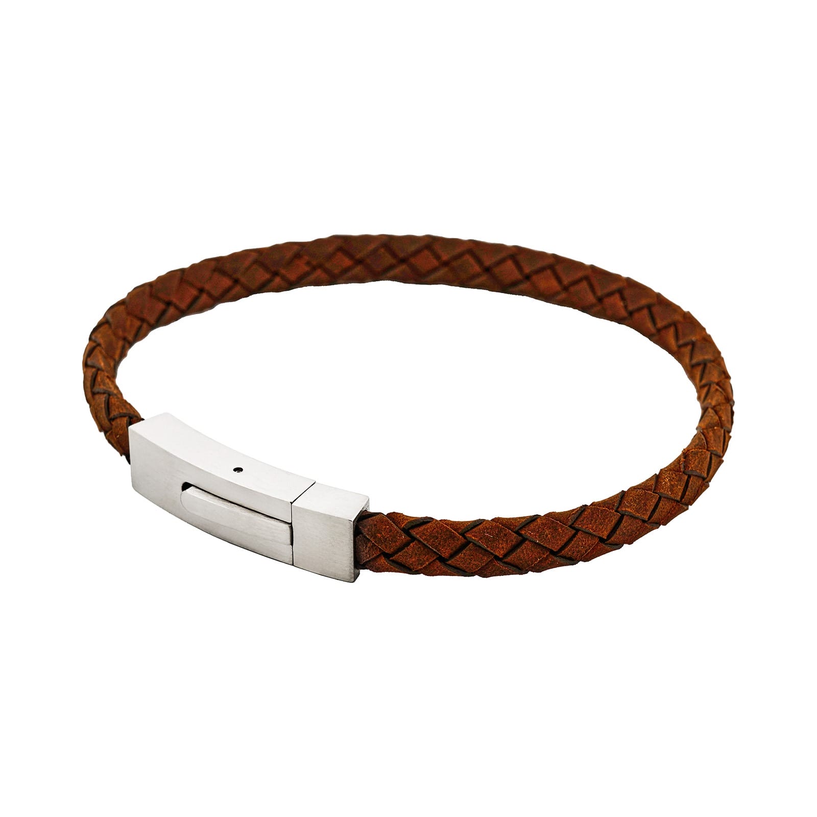Braided Suede & Steel Calabria Bracelet, 21.5cm x 6mm, Brown