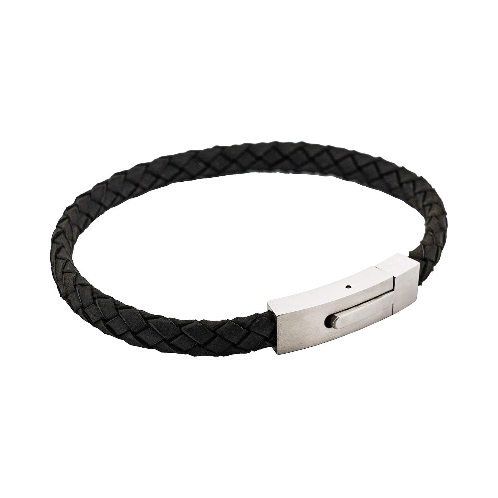 Braided Suede & Steel Calabria Bracelet, 21.5cm x 6mm, Nero