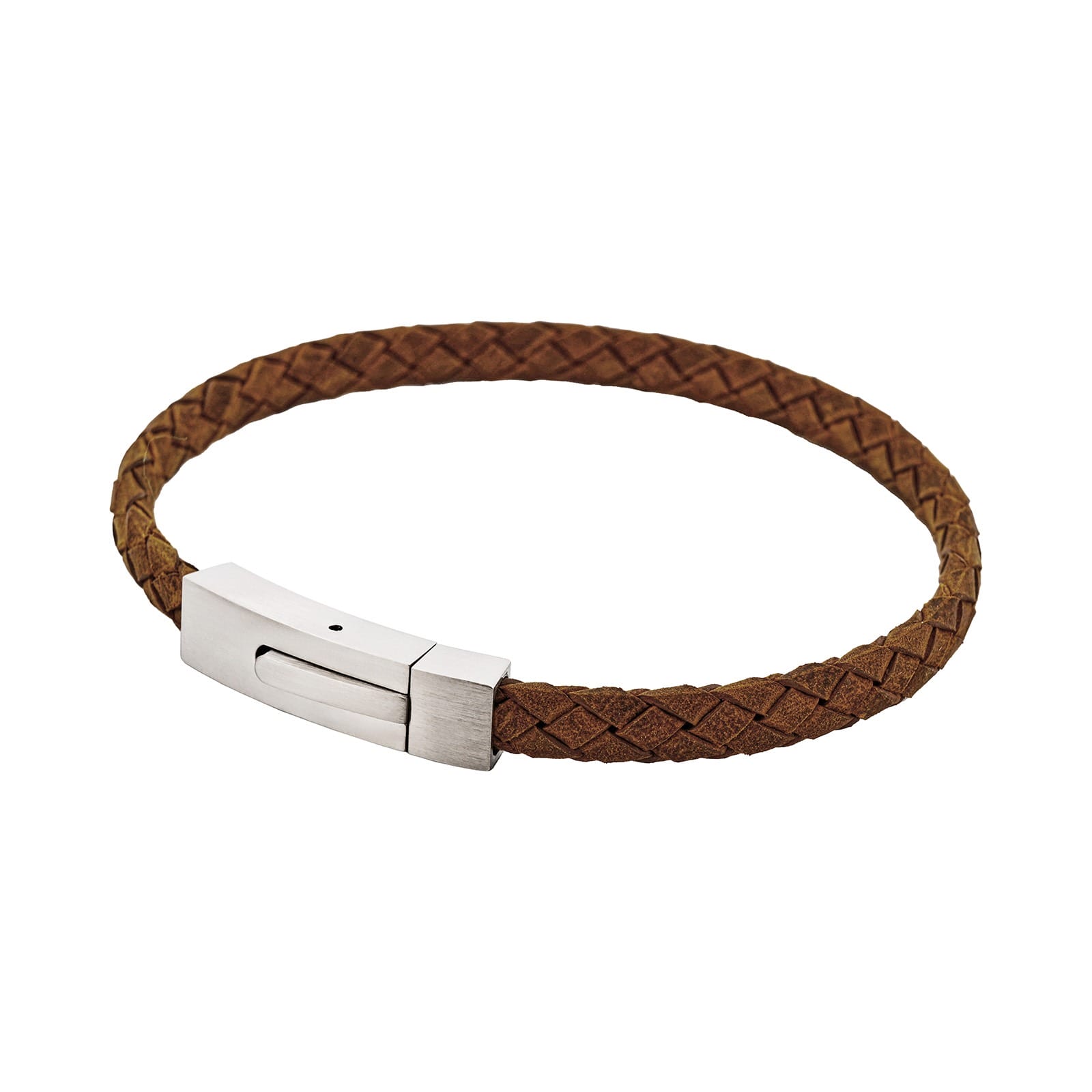 Braided Suede & Steel Calabria Bracelet, 21.5cm x 6mm, Tan