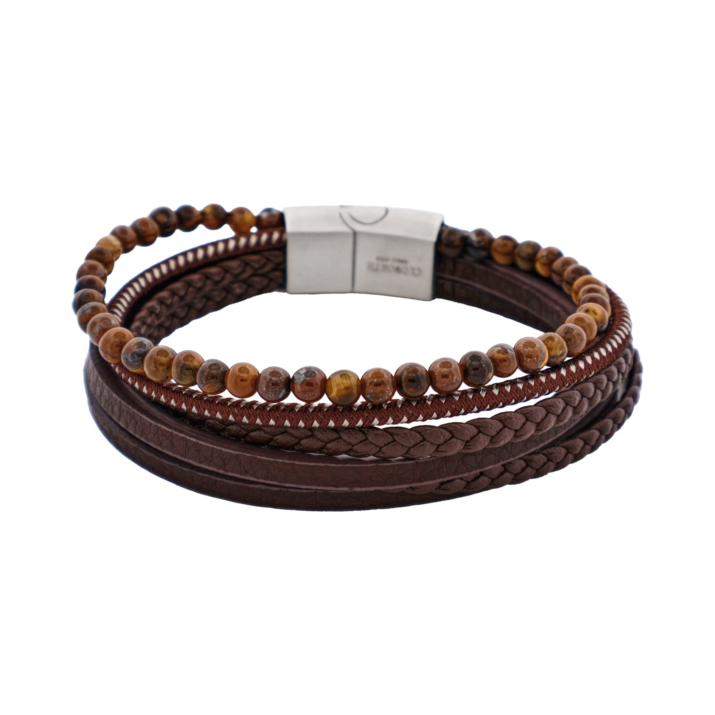 Brown Leather Multi Strand & Tiger Eye Stainless Steel Bracelet